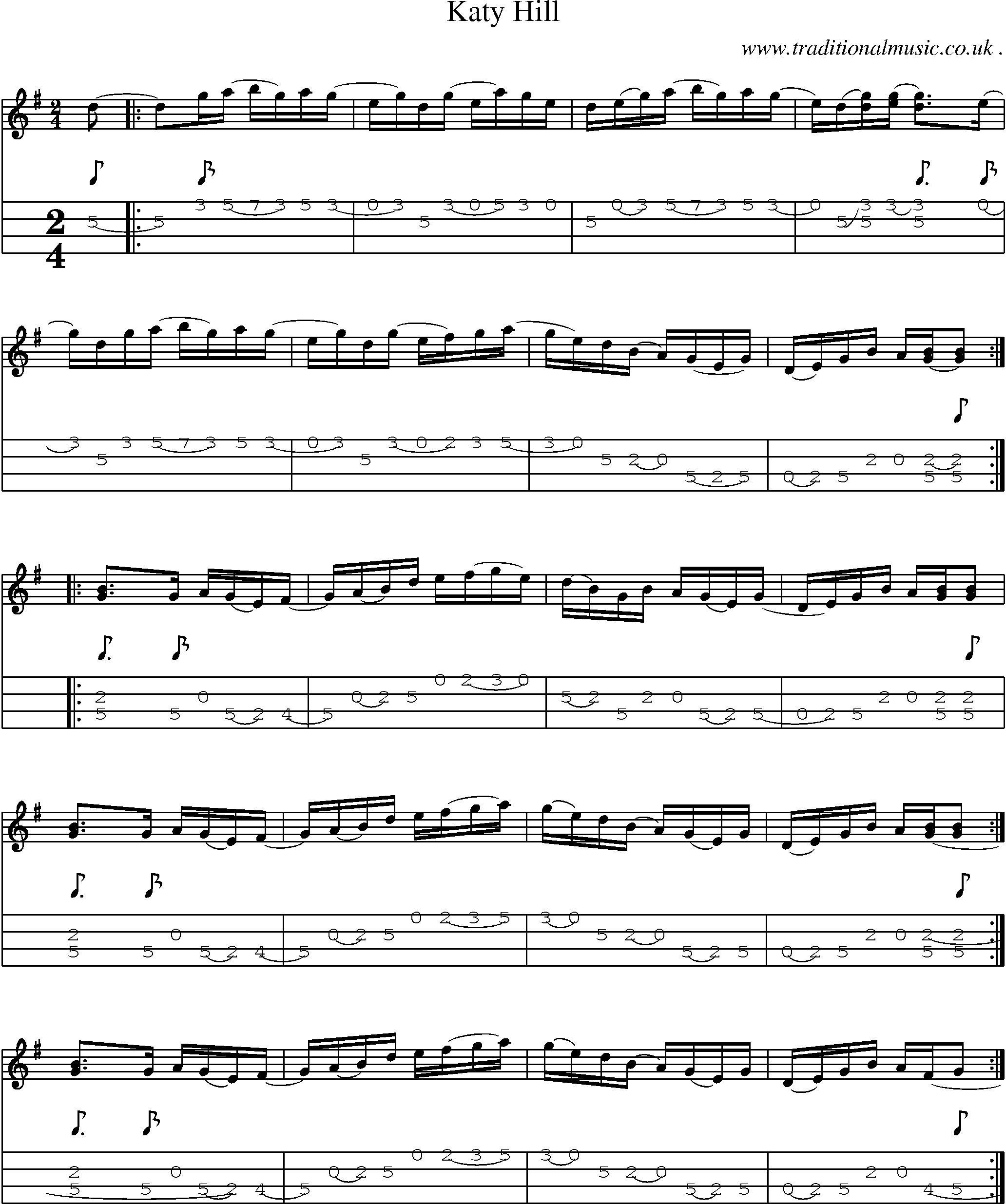 Music Score and Mandolin Tabs for Katy Hill