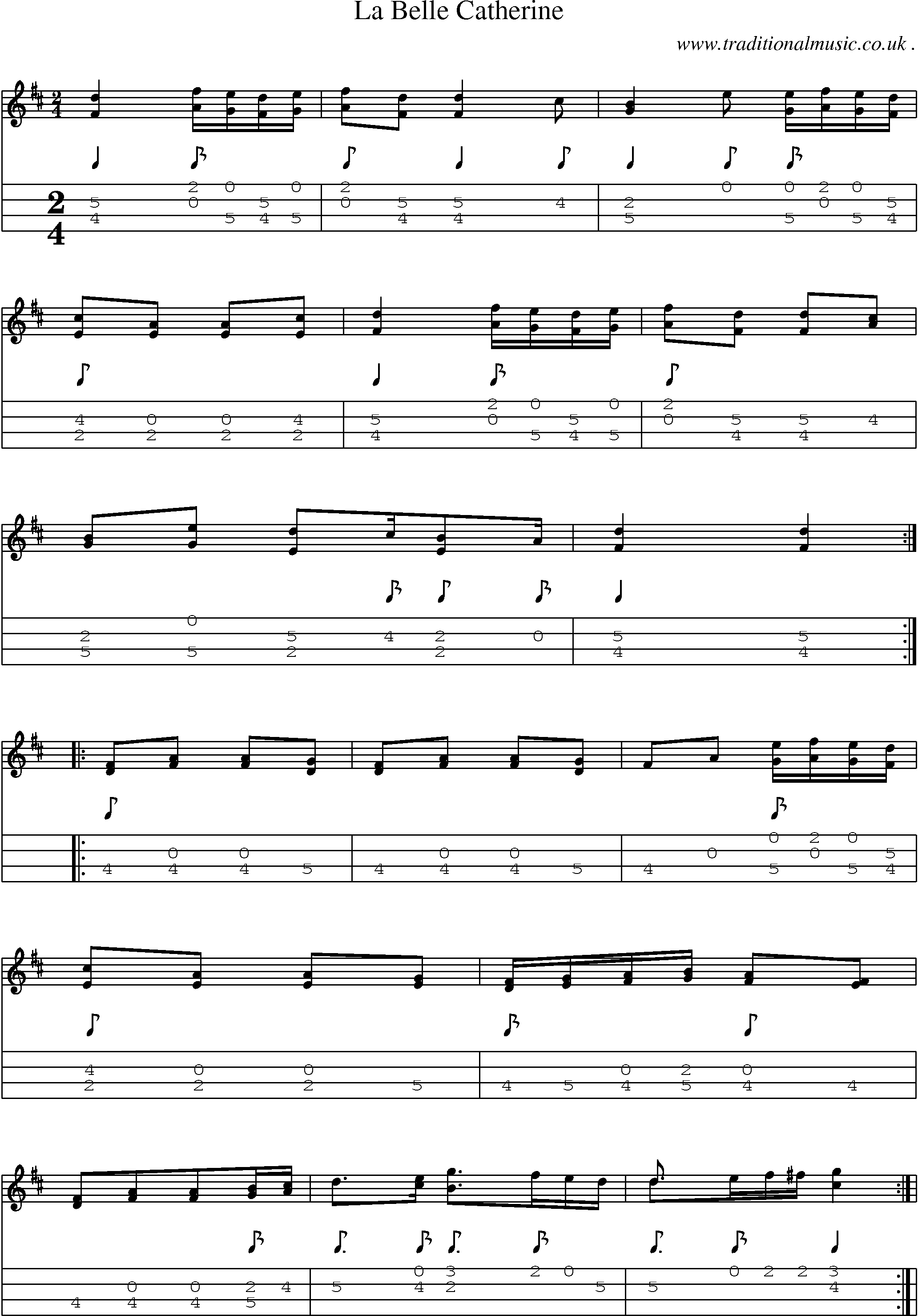 Music Score and Mandolin Tabs for La Belle Catherine
