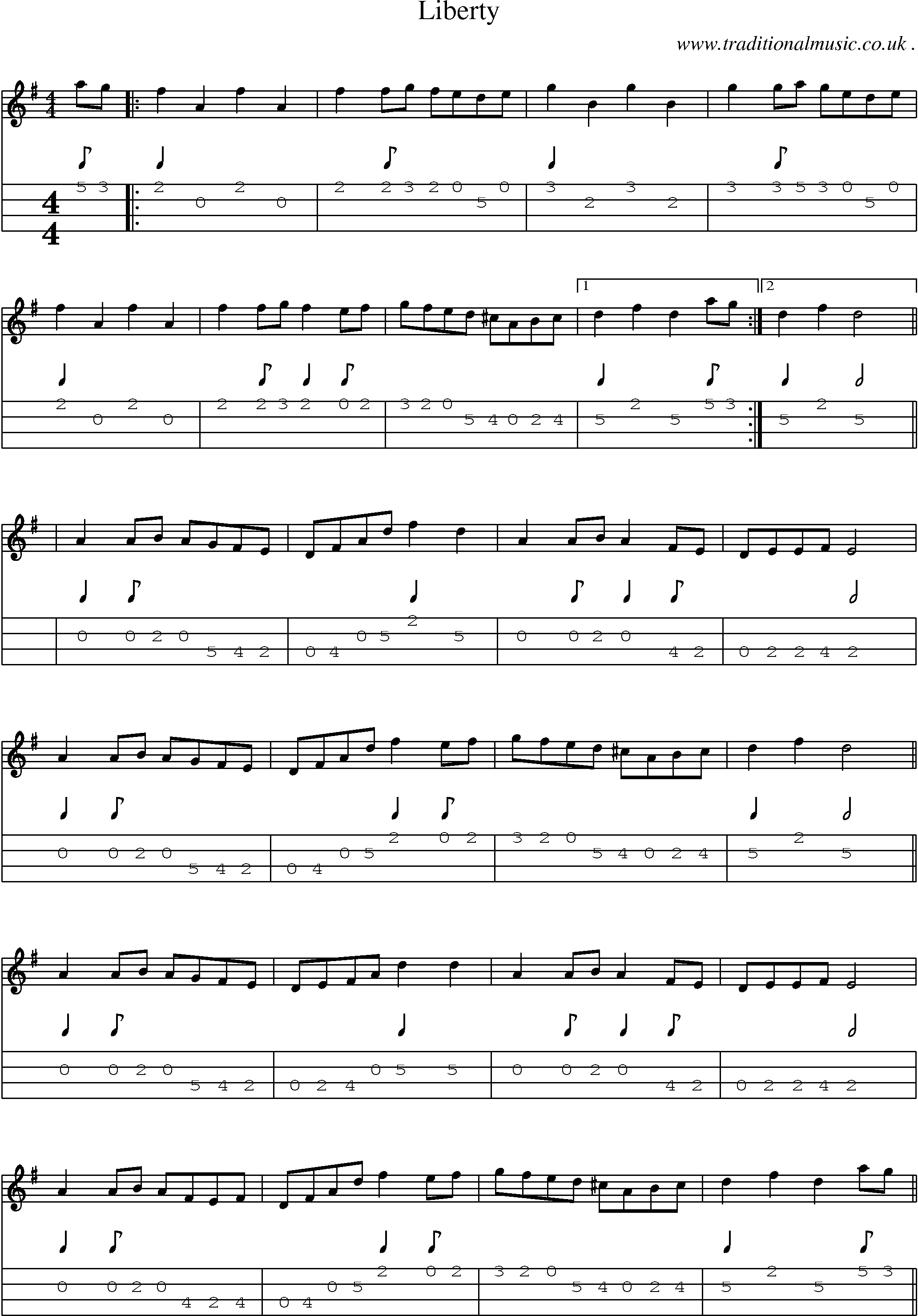 Music Score and Mandolin Tabs for Liberty