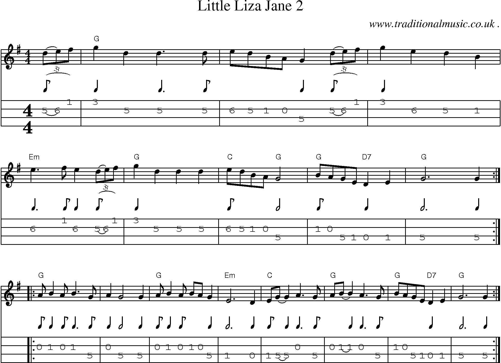 Music Score and Mandolin Tabs for Little Liza Jane 2