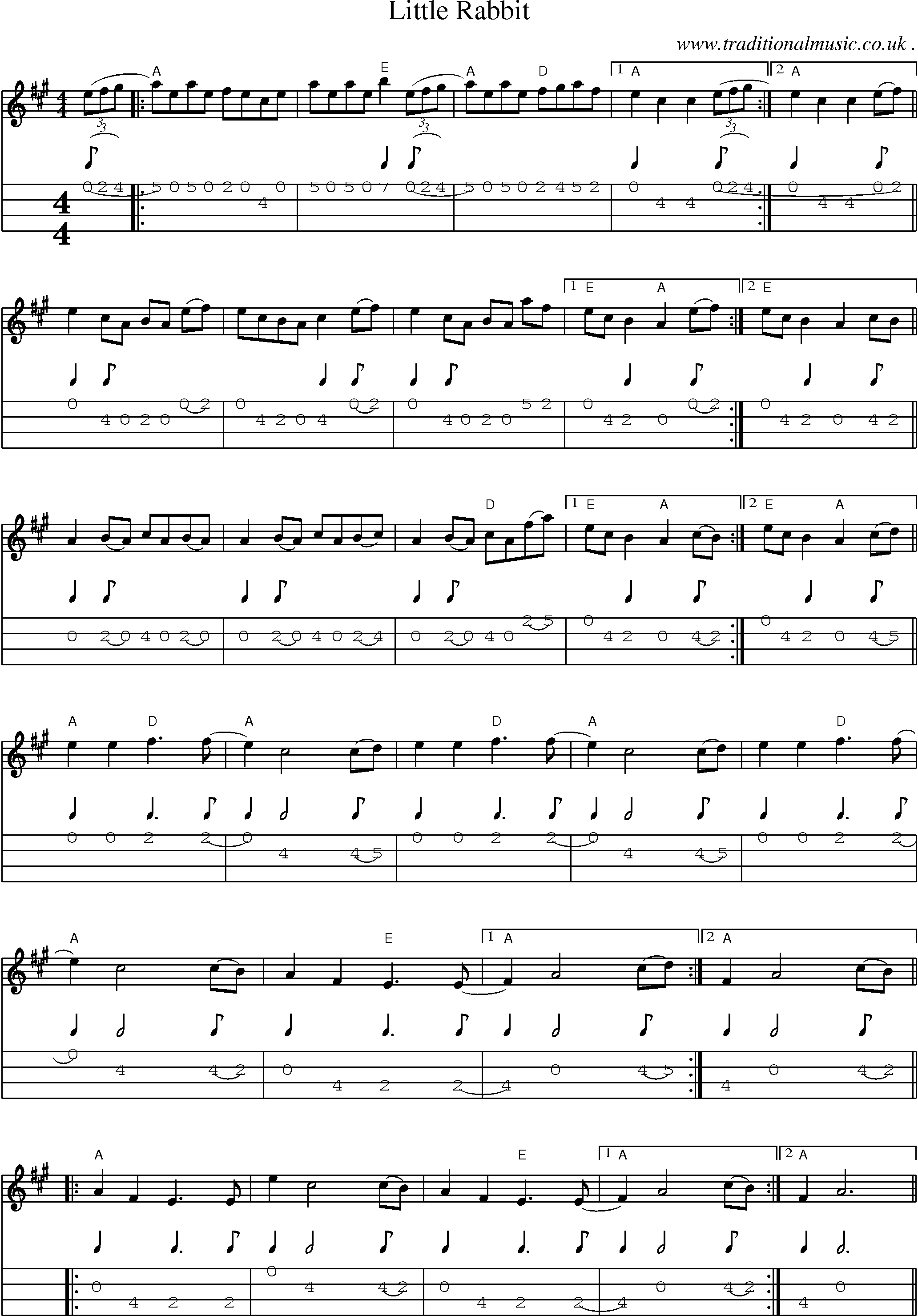 Music Score and Mandolin Tabs for Little Rabbit
