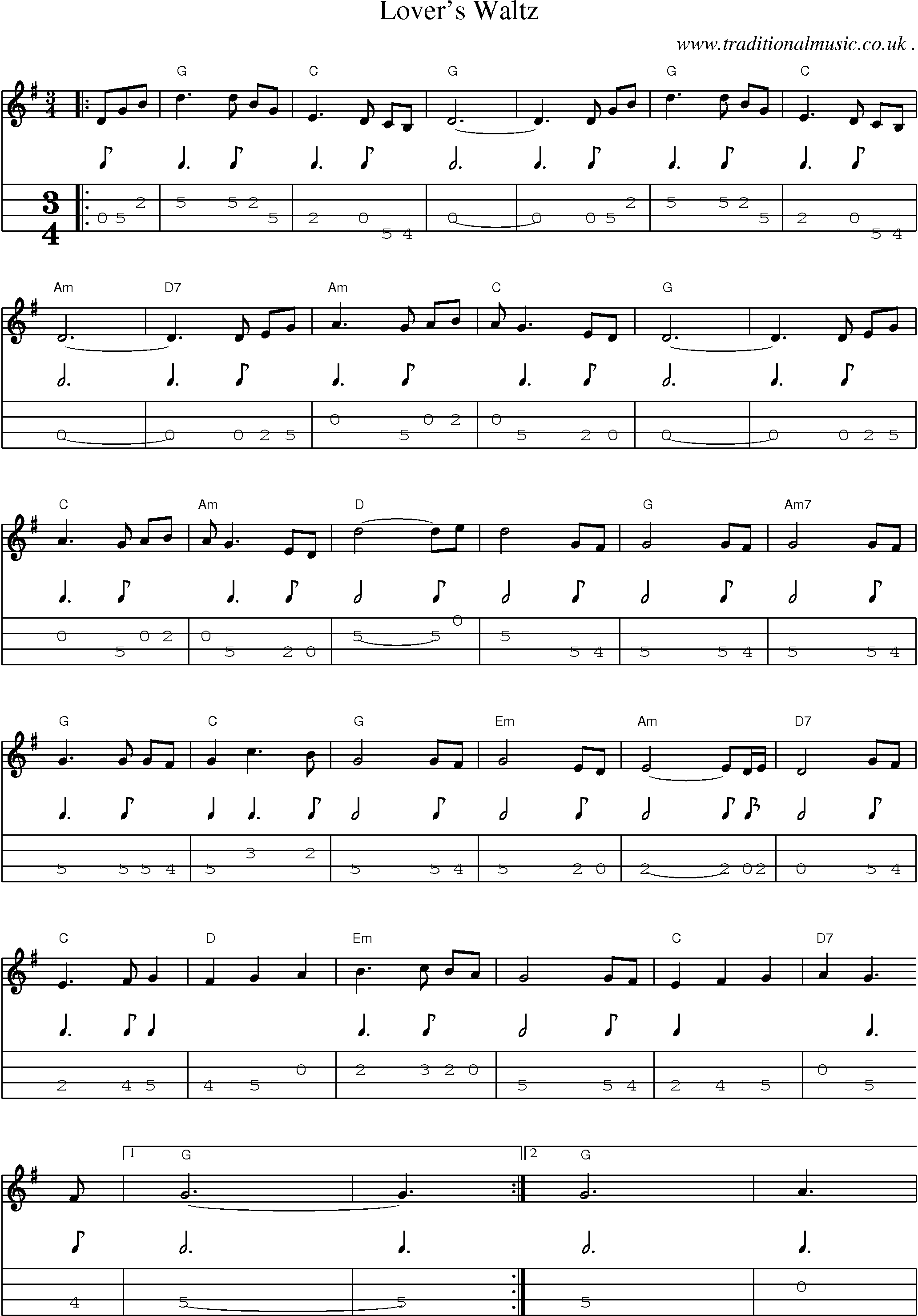 Music Score and Mandolin Tabs for Lovers Waltz