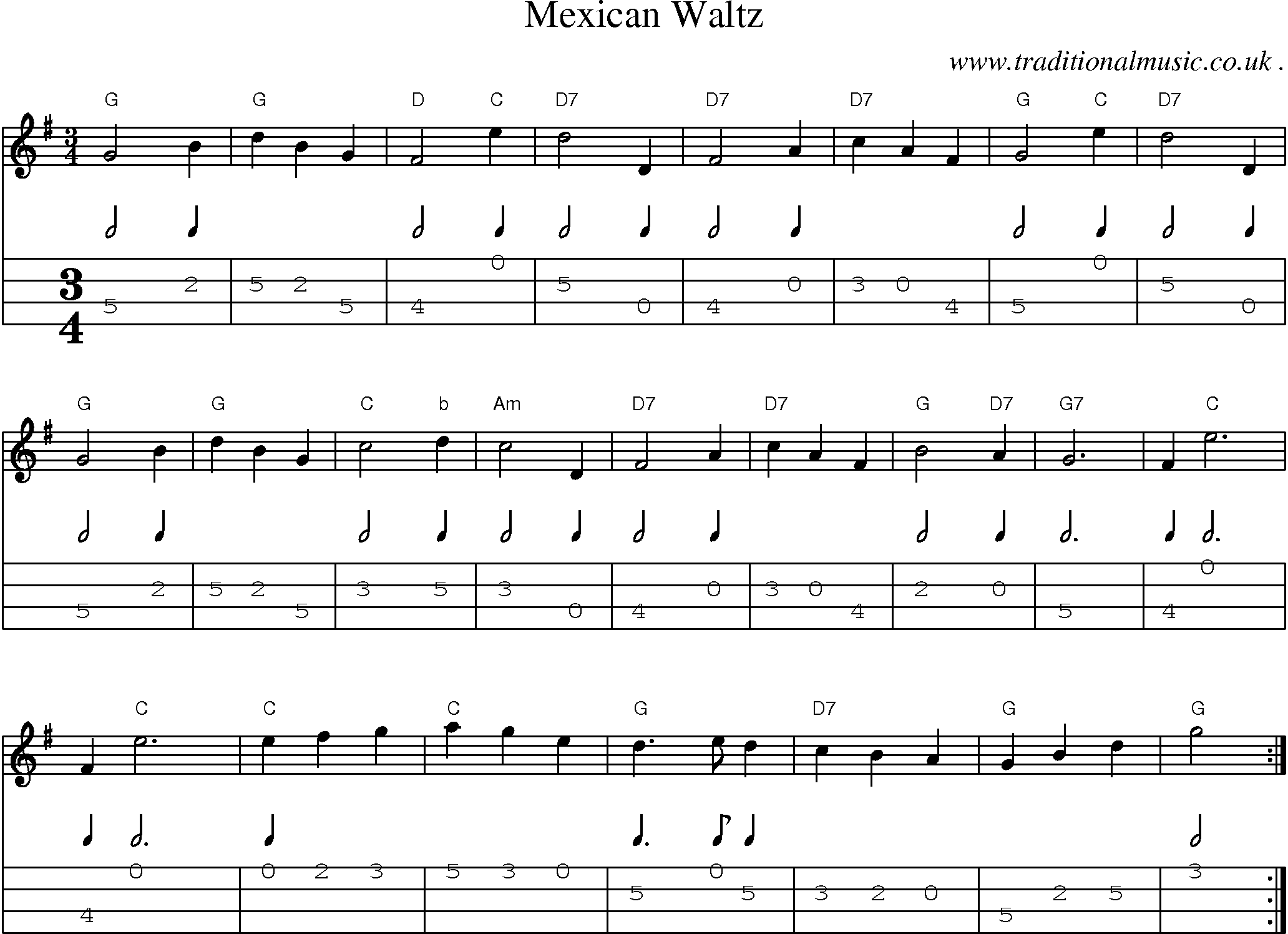 Music Score and Mandolin Tabs for Mexican Waltz