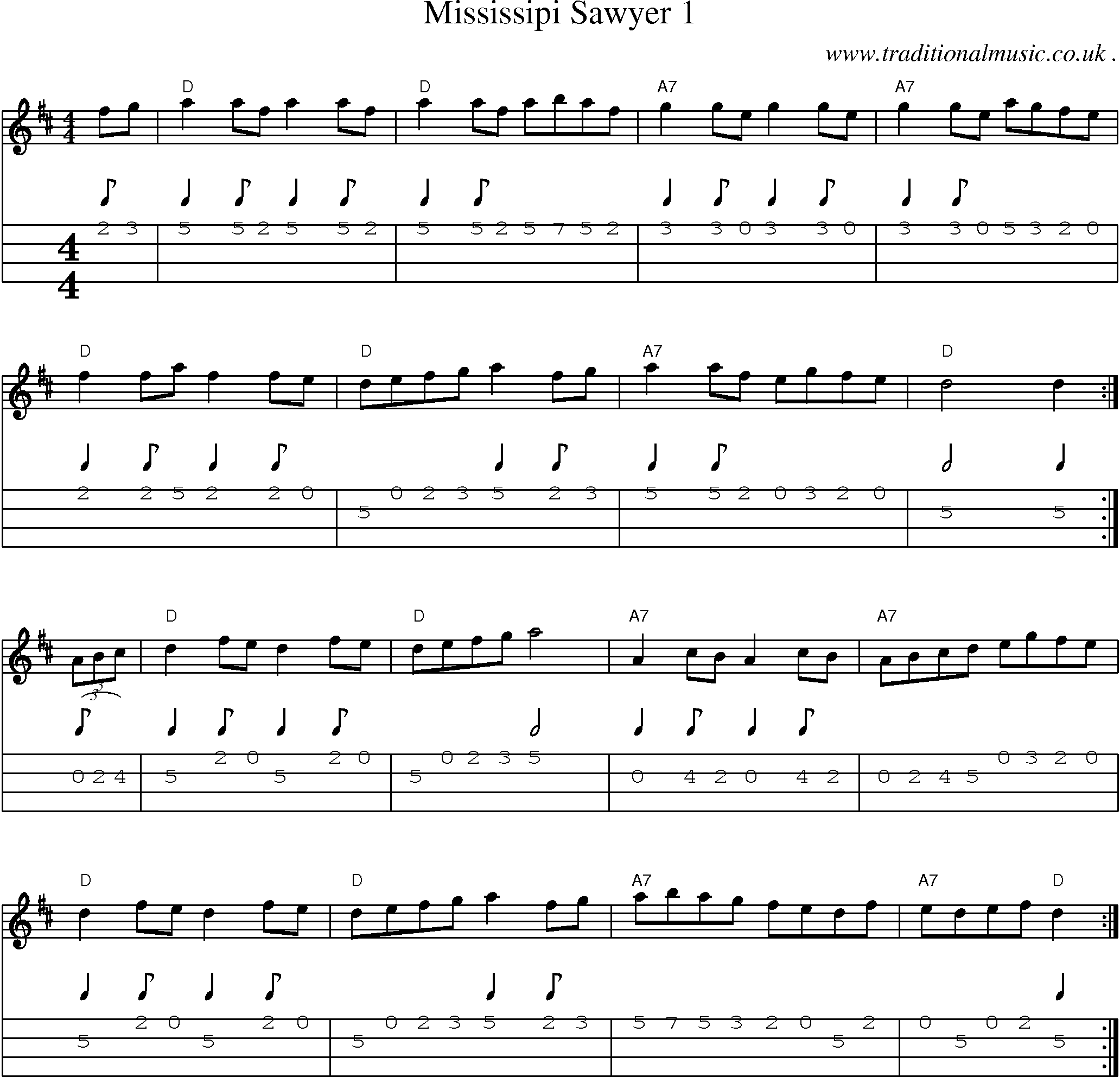 Music Score and Mandolin Tabs for Mississipi Sawyer 1