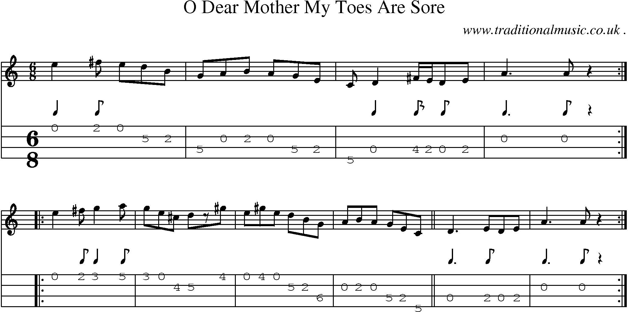 Music Score and Mandolin Tabs for O Dear Mother My Toes Are Sore