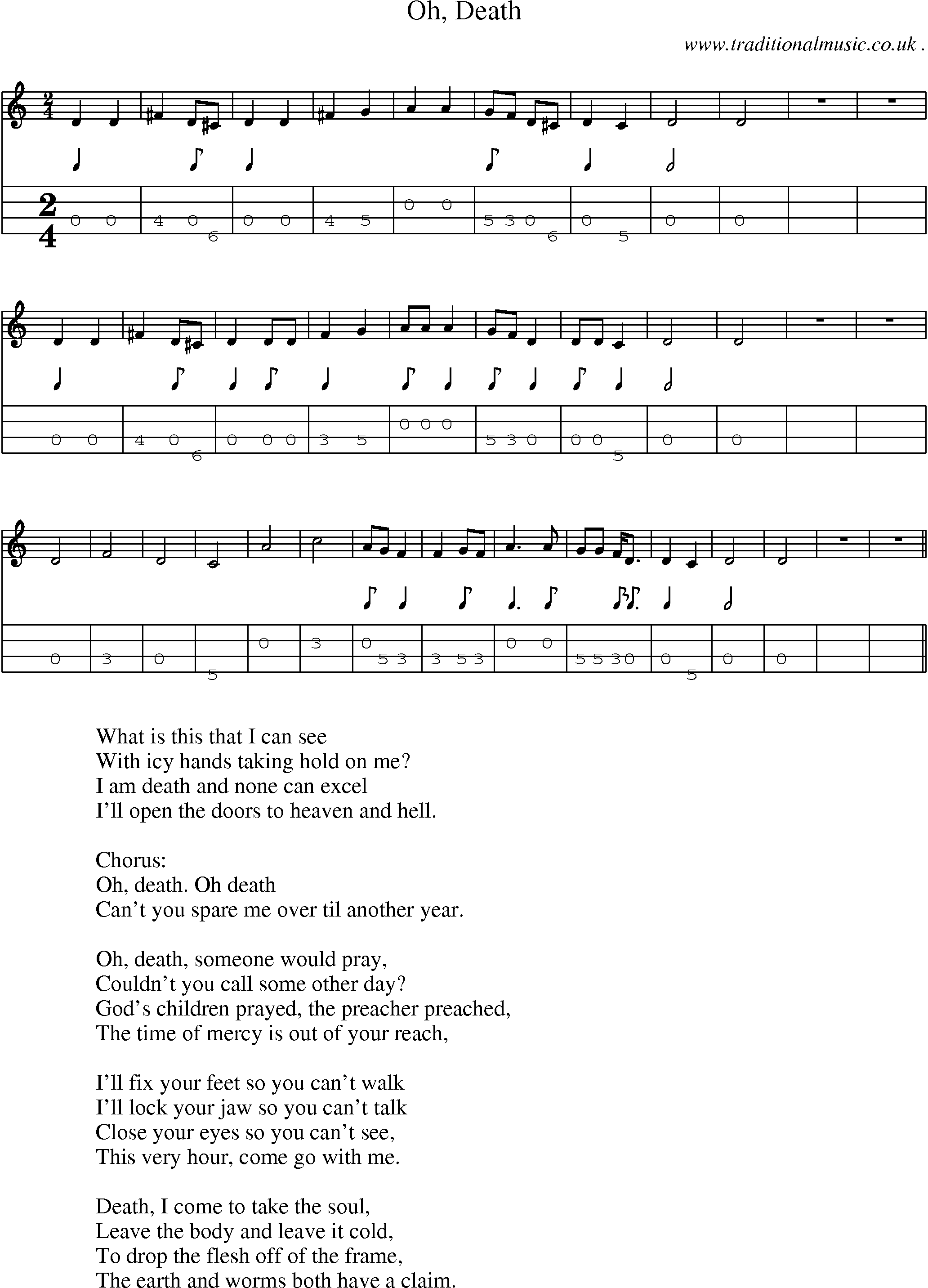 Music Score and Mandolin Tabs for Oh Death