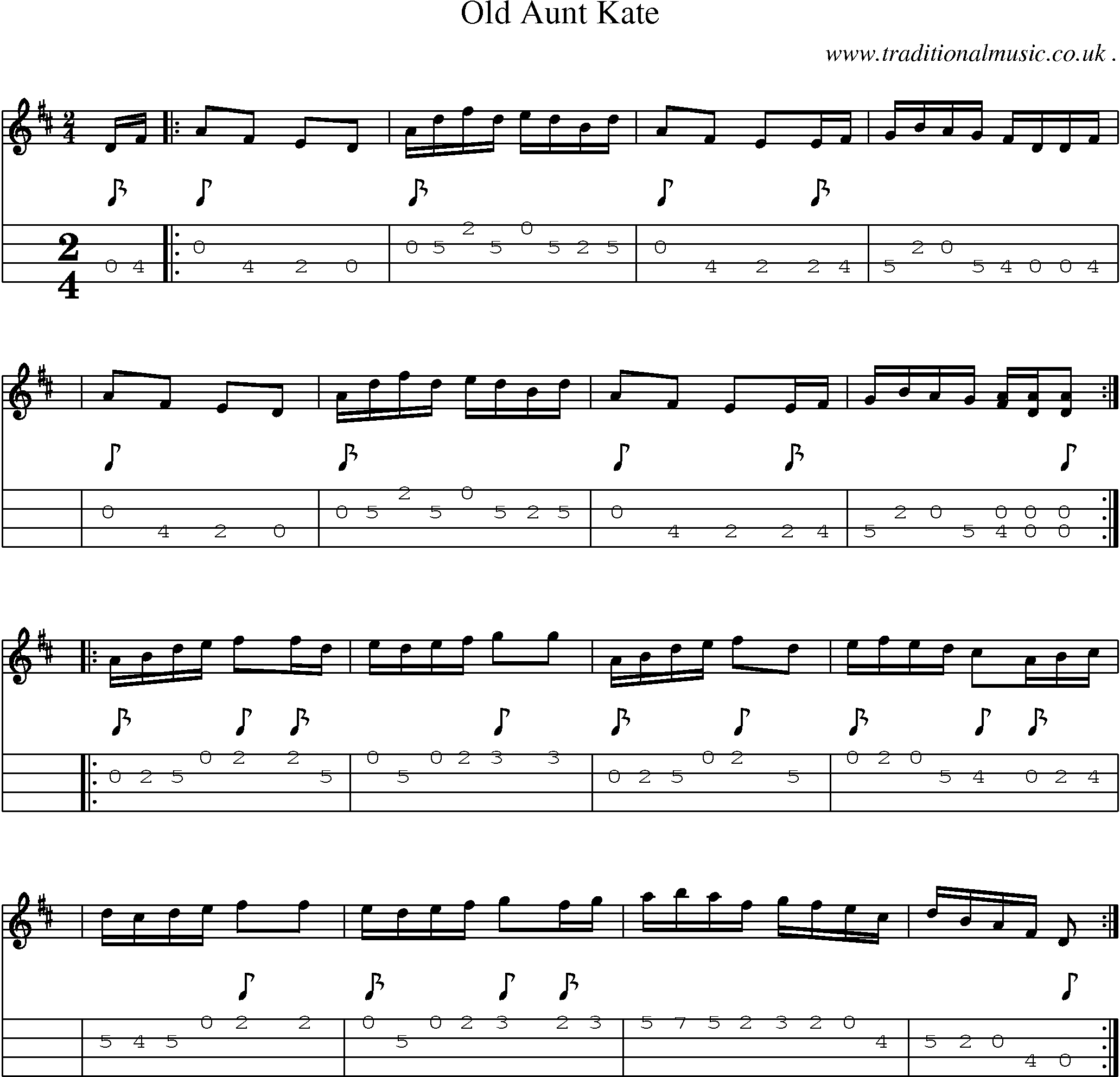Music Score and Mandolin Tabs for Old Aunt Kate