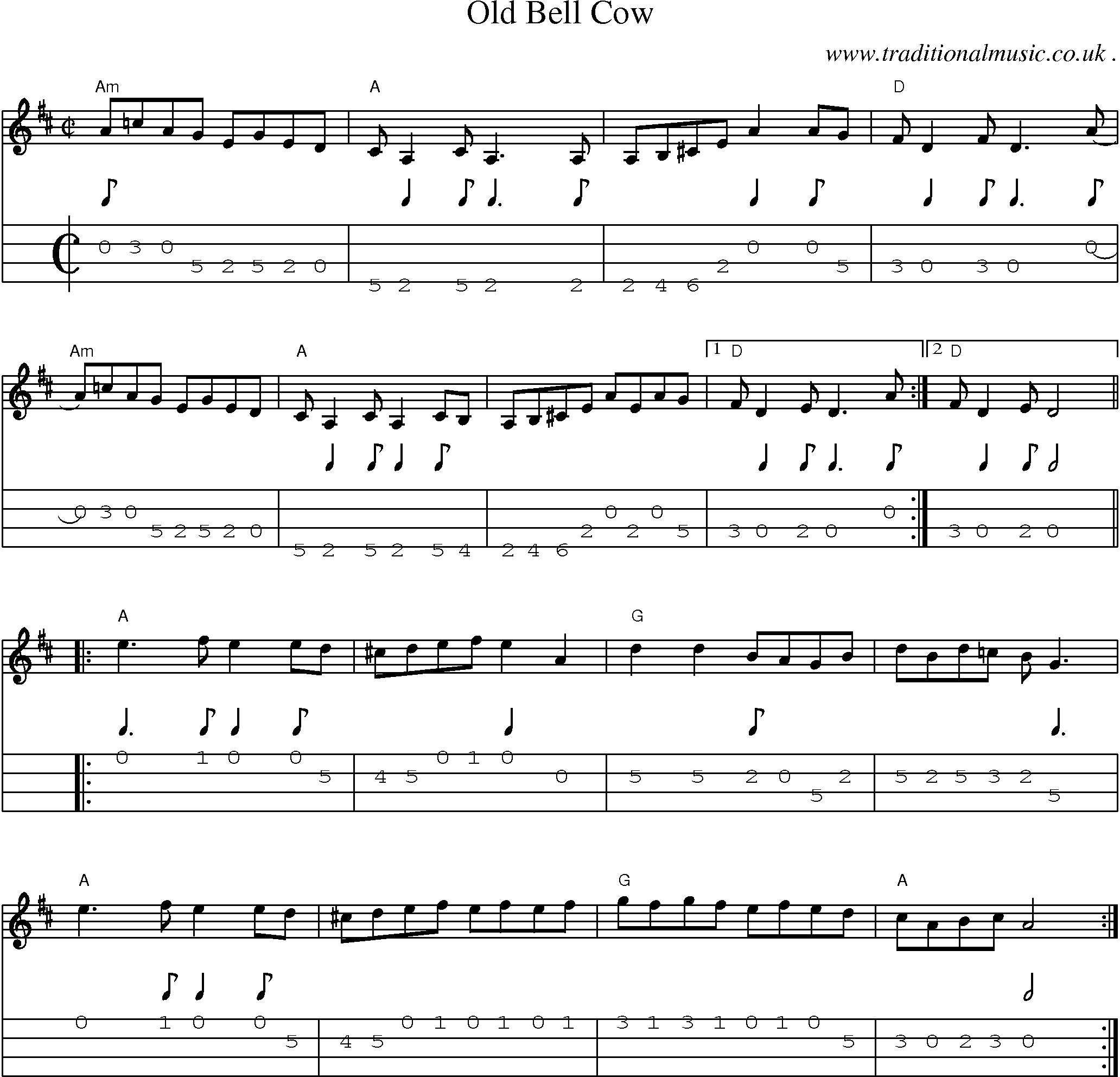 Music Score and Mandolin Tabs for Old Bell Cow