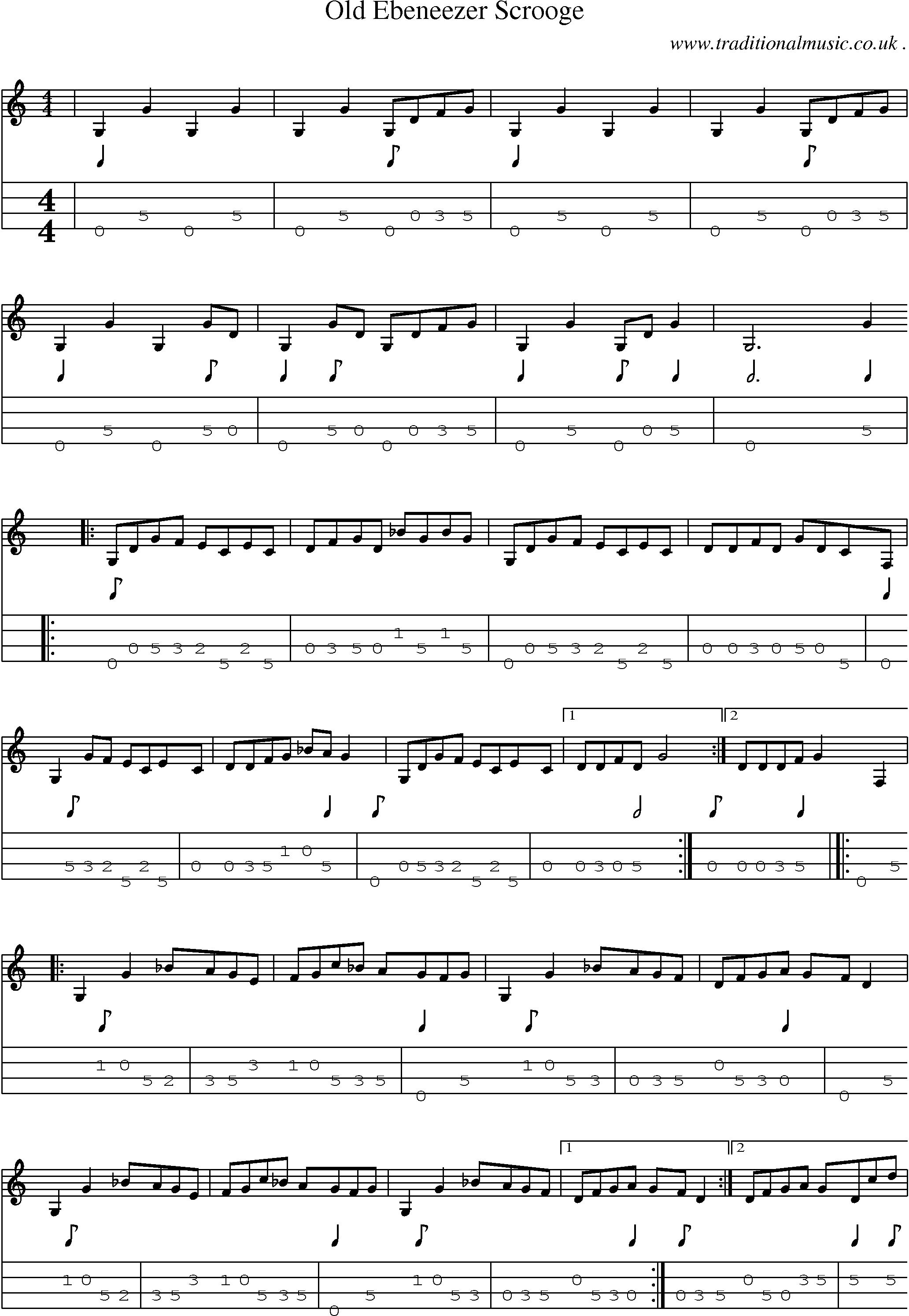 Music Score and Mandolin Tabs for Old Ebeneezer Scrooge