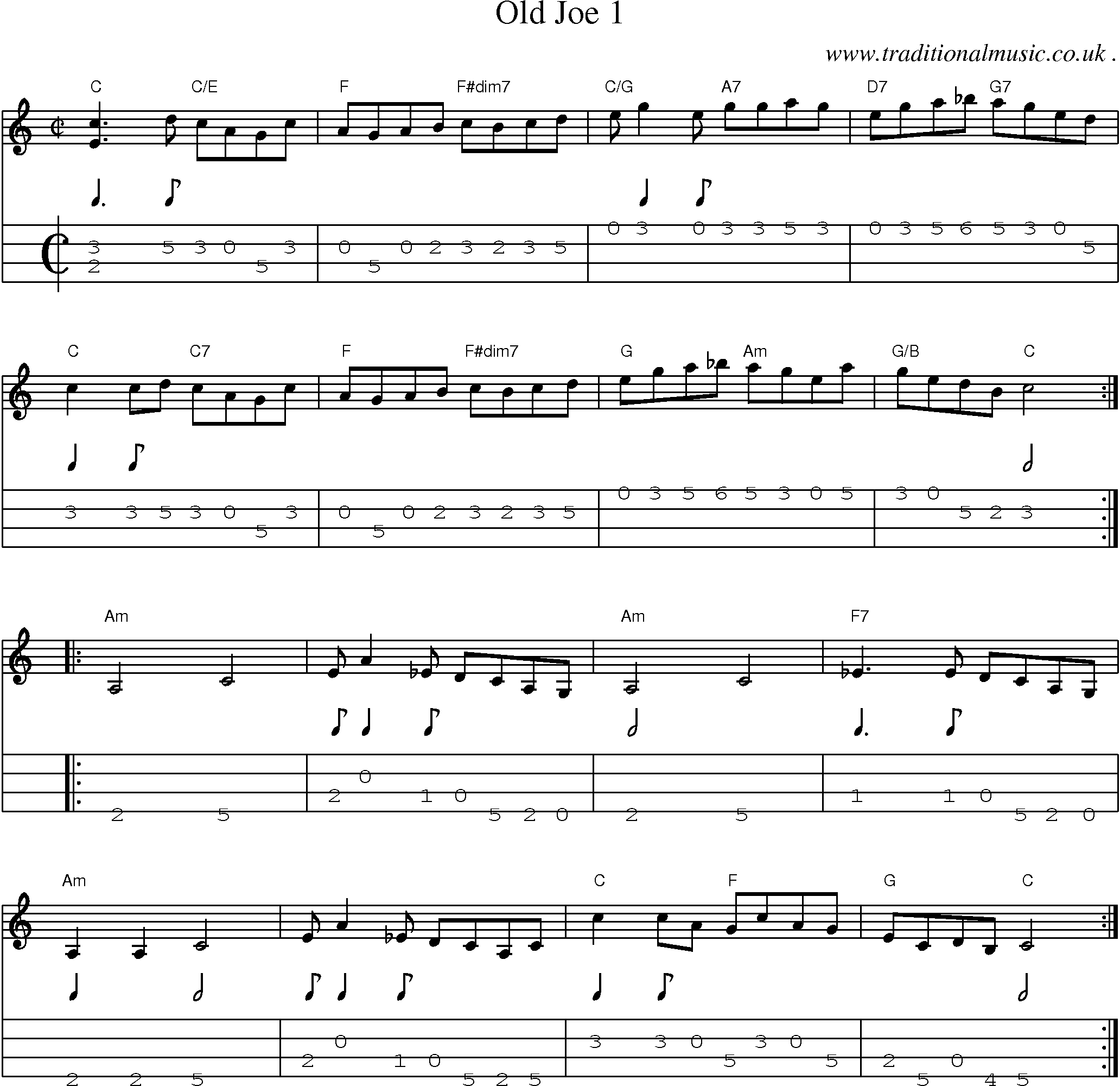 Music Score and Mandolin Tabs for Old Joe 1
