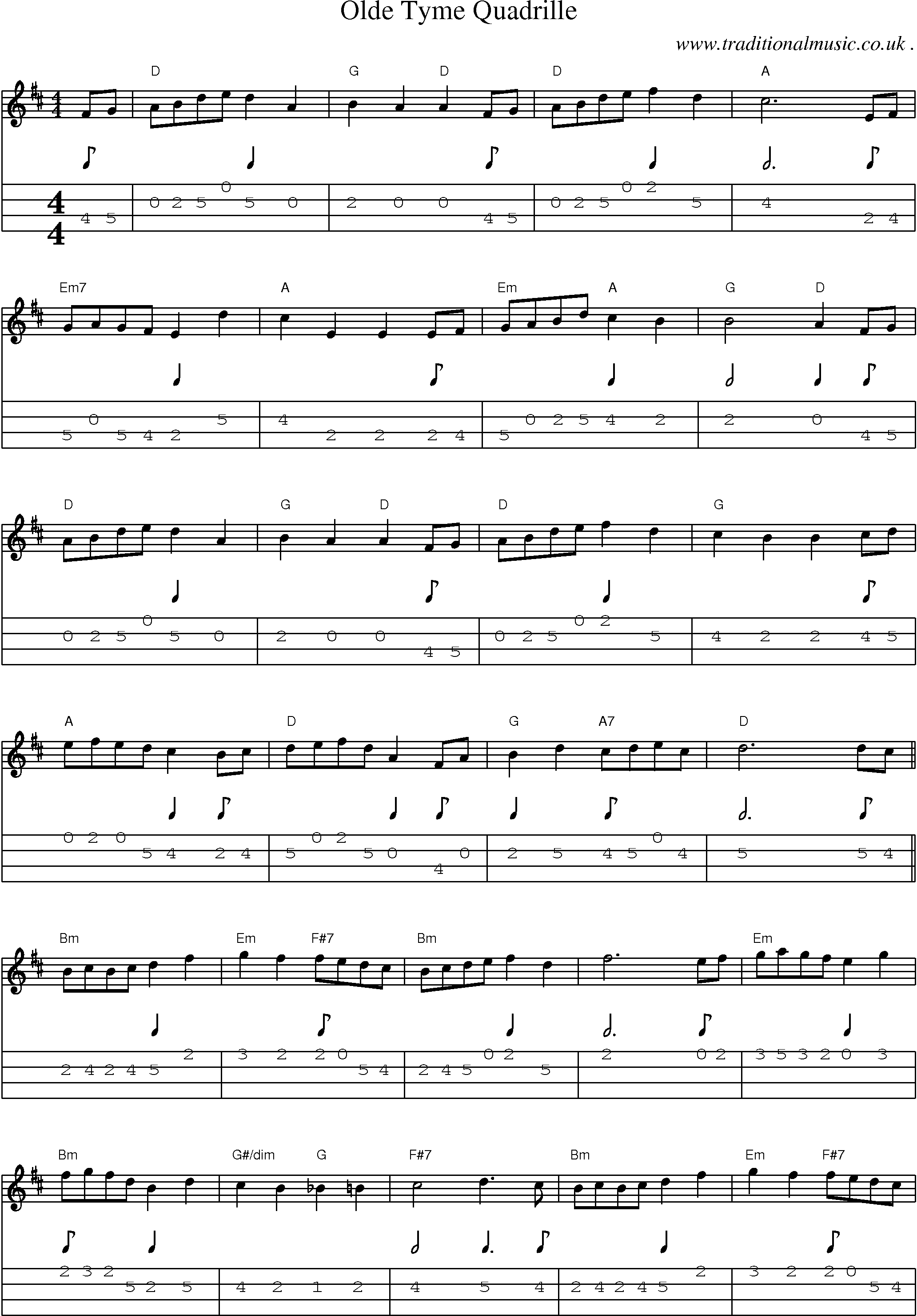 Music Score and Mandolin Tabs for Olde Tyme Quadrille
