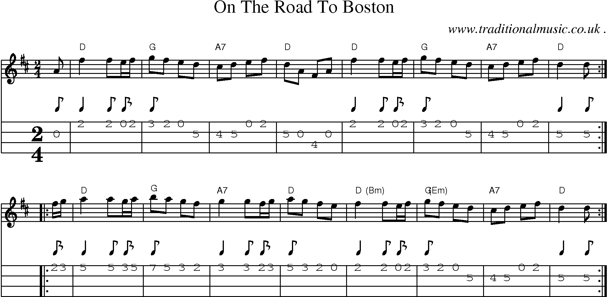 Music Score and Mandolin Tabs for On The Road To Boston