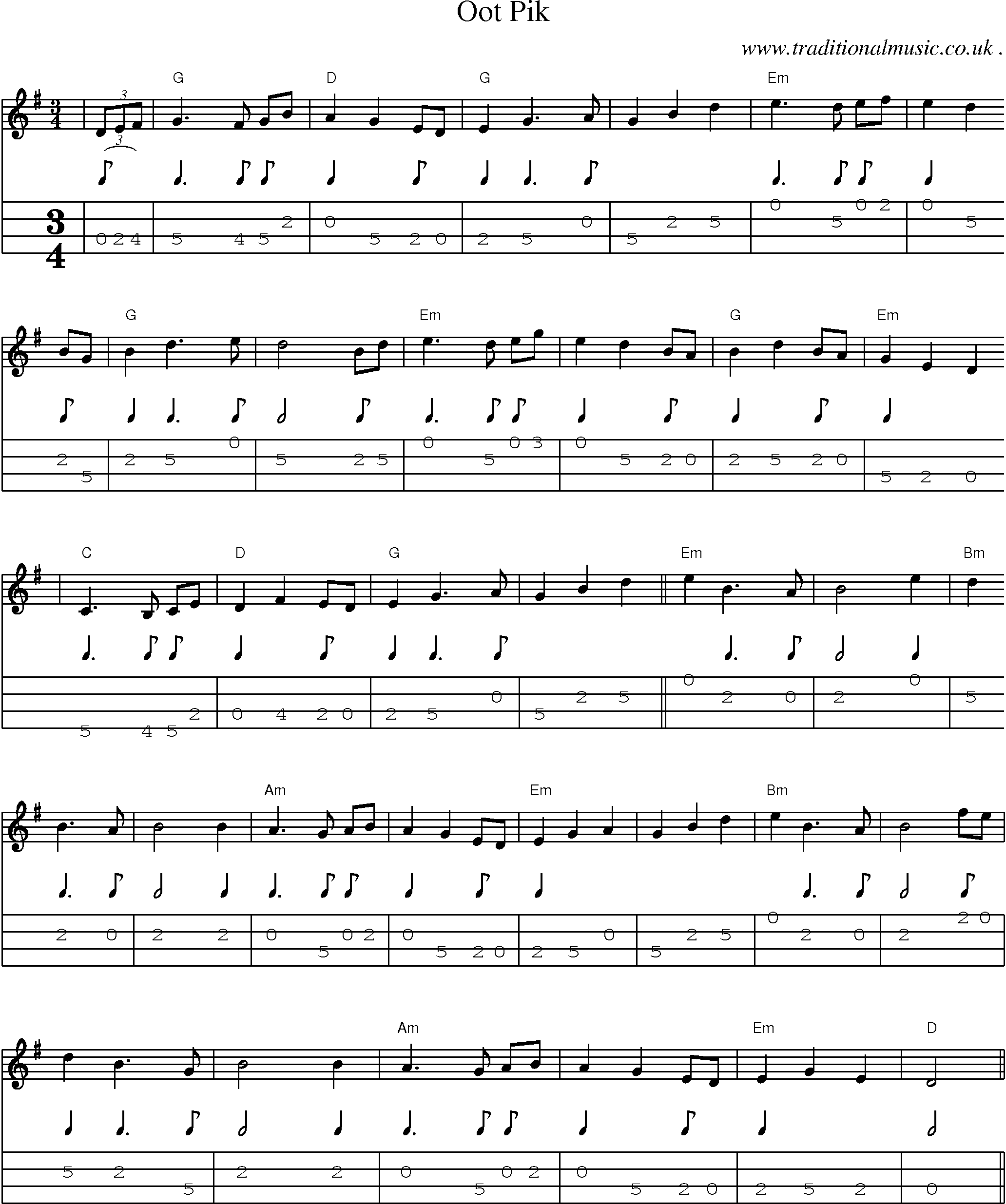 Music Score and Mandolin Tabs for Oot Pik