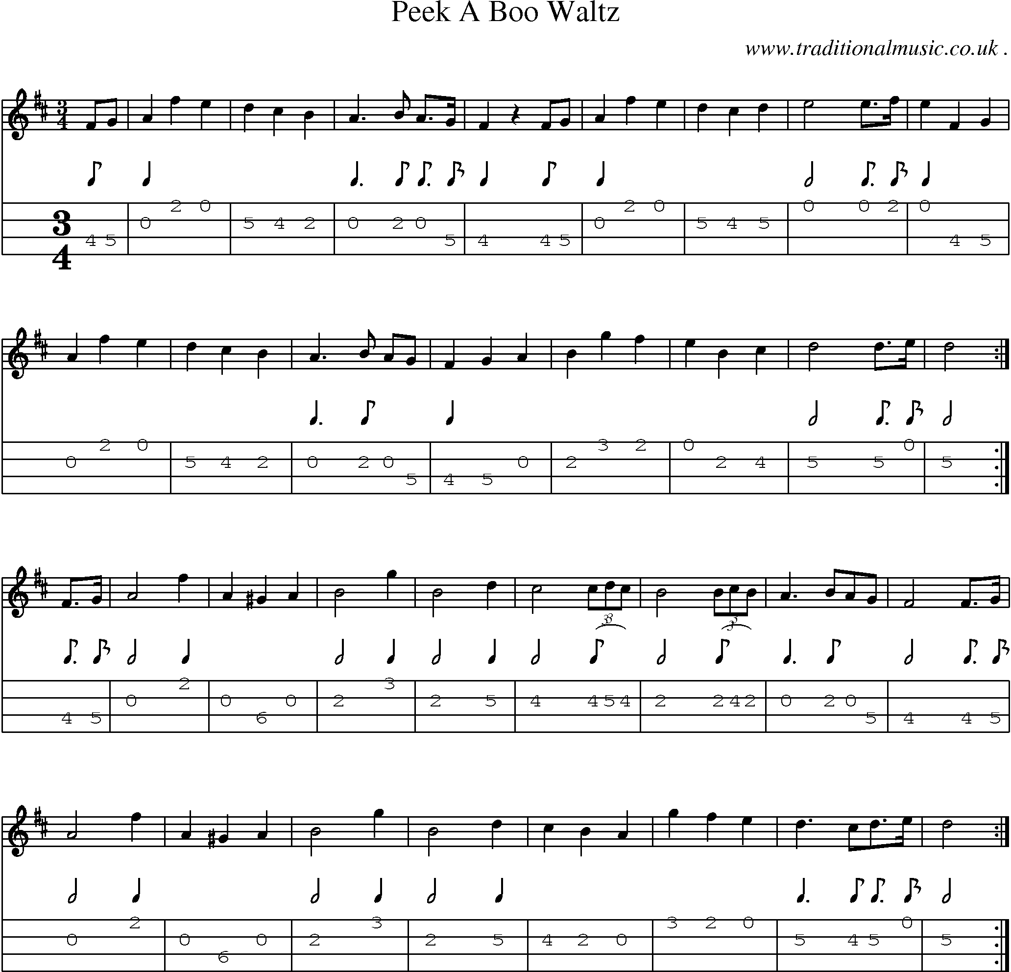 Music Score and Mandolin Tabs for Peek A Boo Waltz