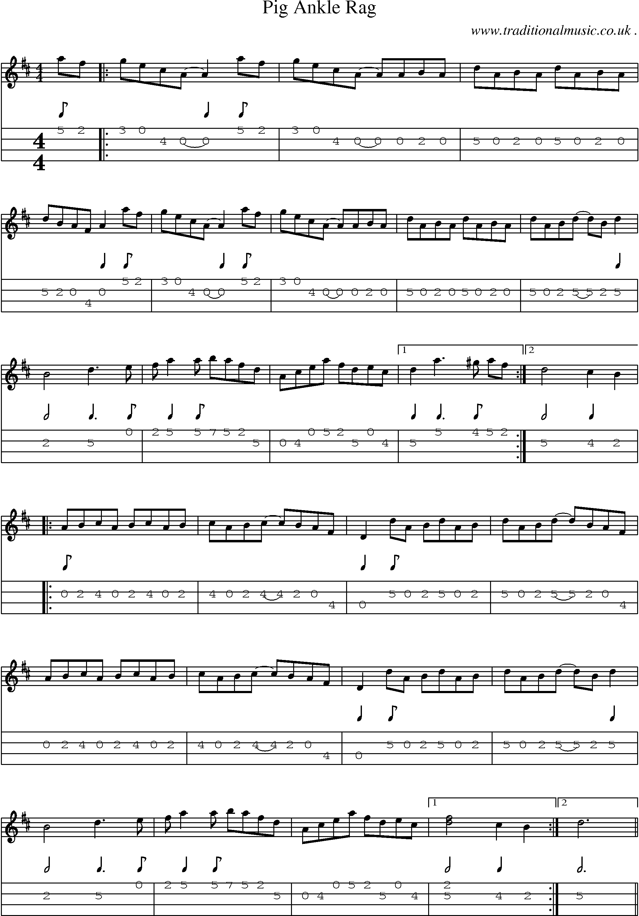 Music Score and Mandolin Tabs for Pig Ankle Rag