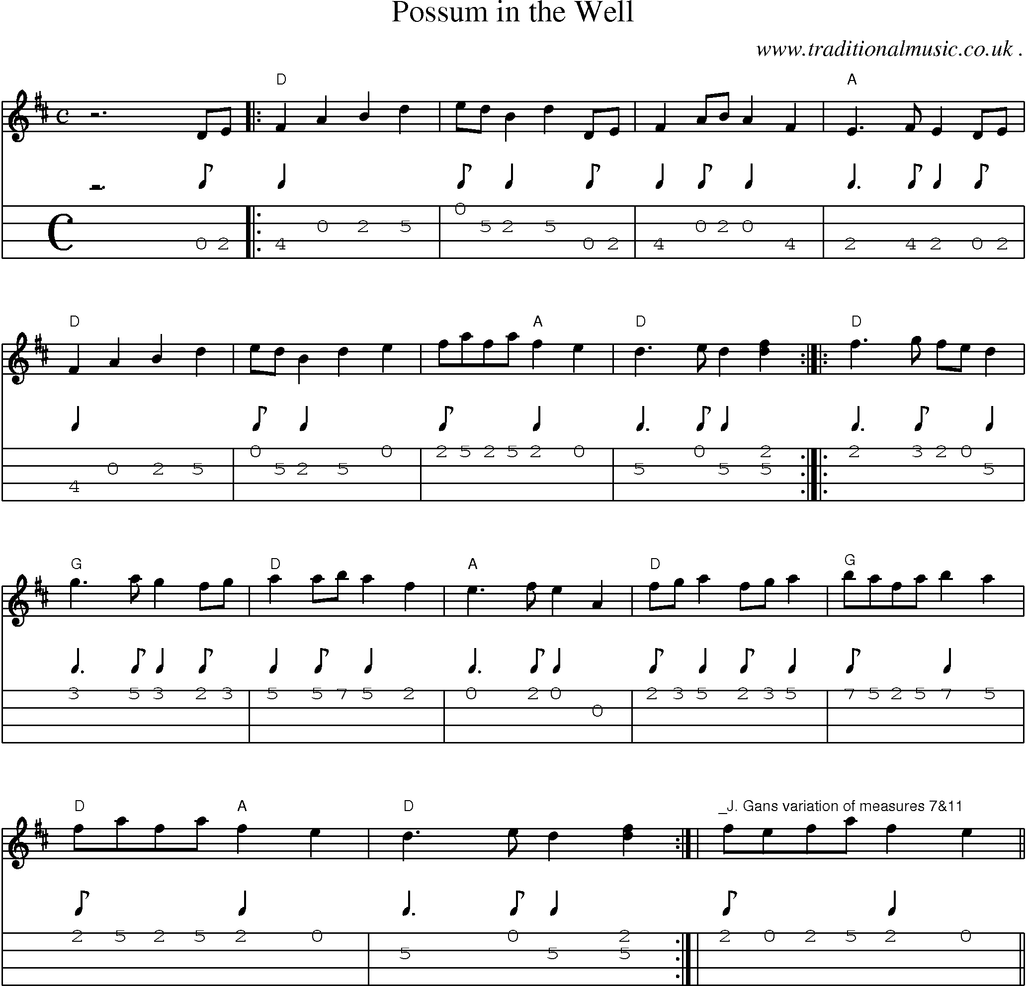 Music Score and Mandolin Tabs for Possum In The Well