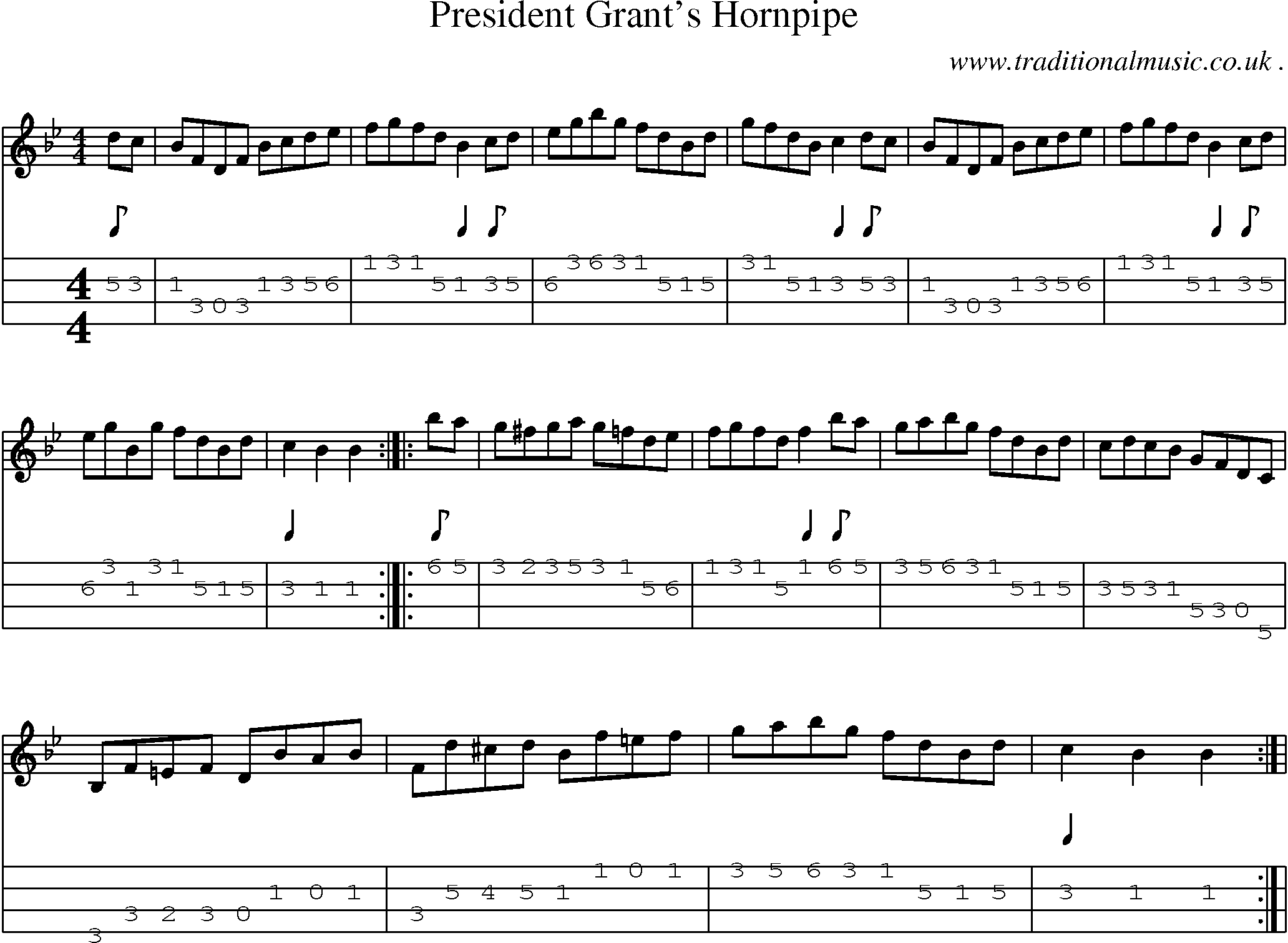 Music Score and Mandolin Tabs for President Grants Hornpipe
