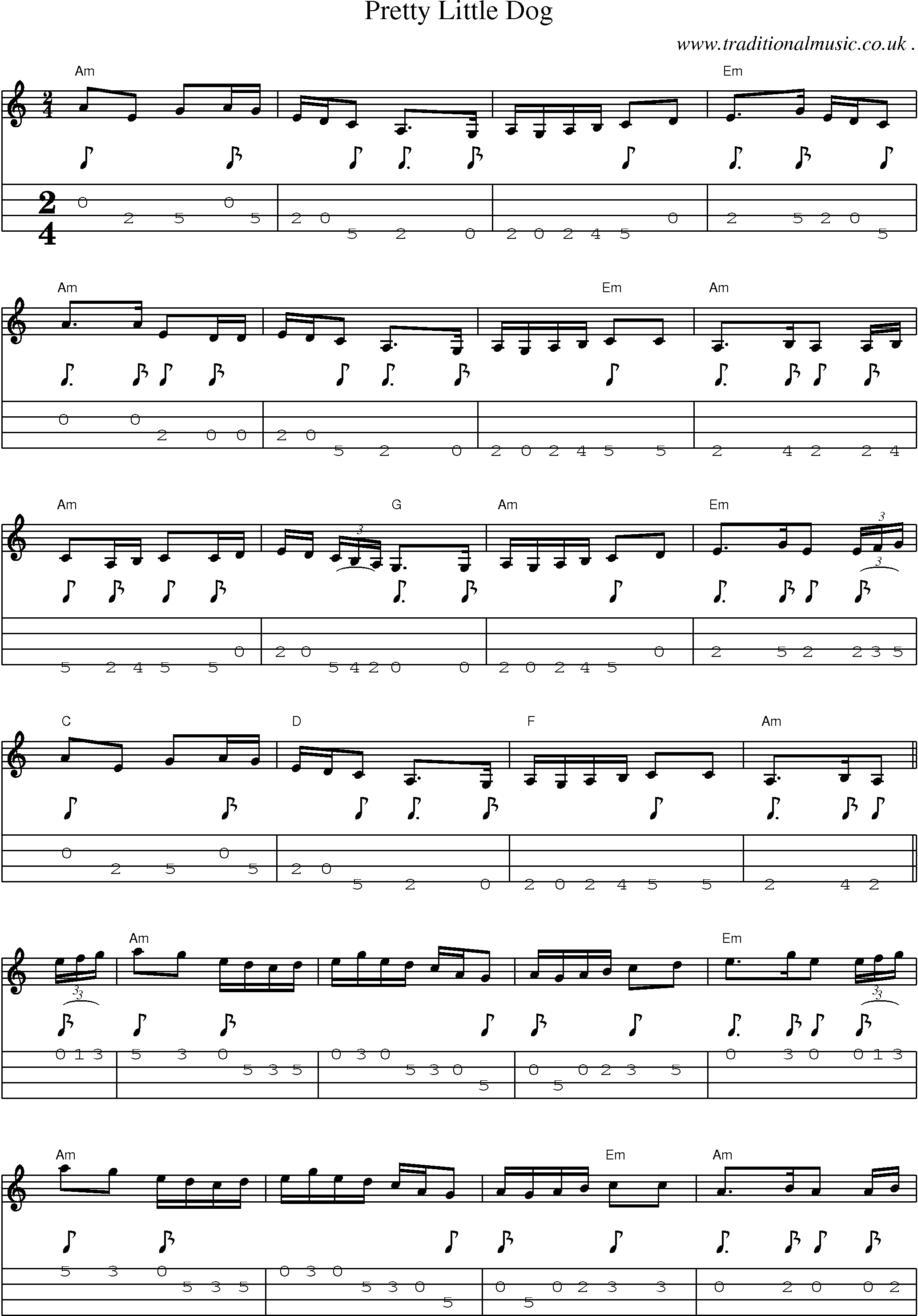 Music Score and Mandolin Tabs for Pretty Little Dog