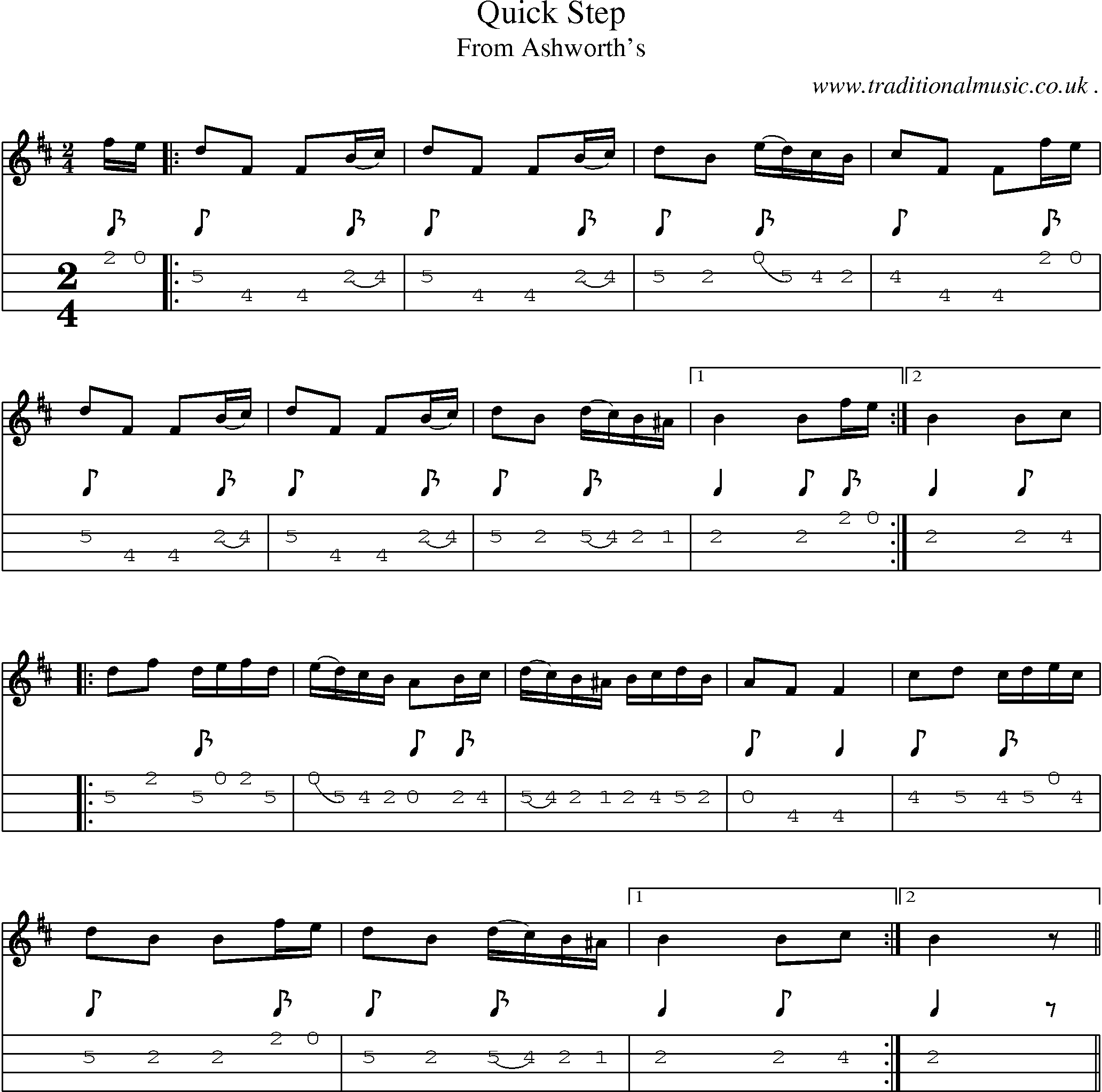 Music Score and Mandolin Tabs for Quick Step