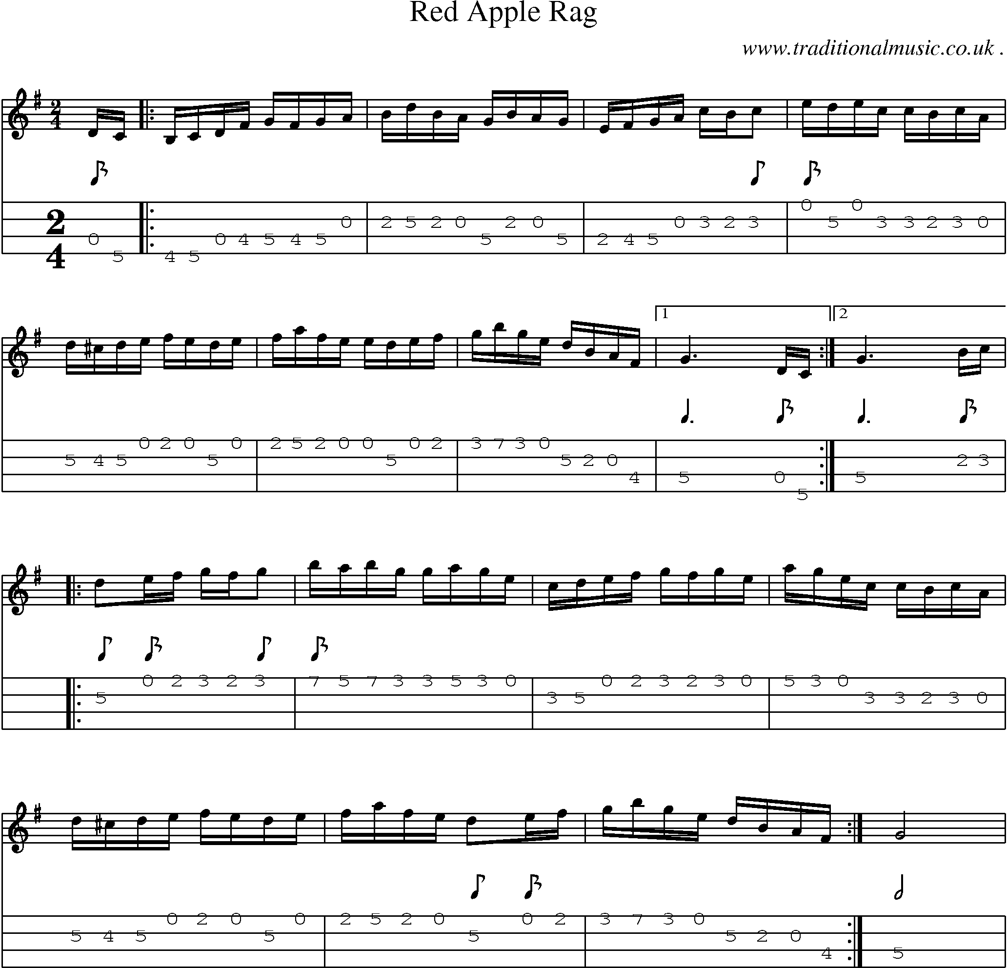 Music Score and Mandolin Tabs for Red Apple Rag