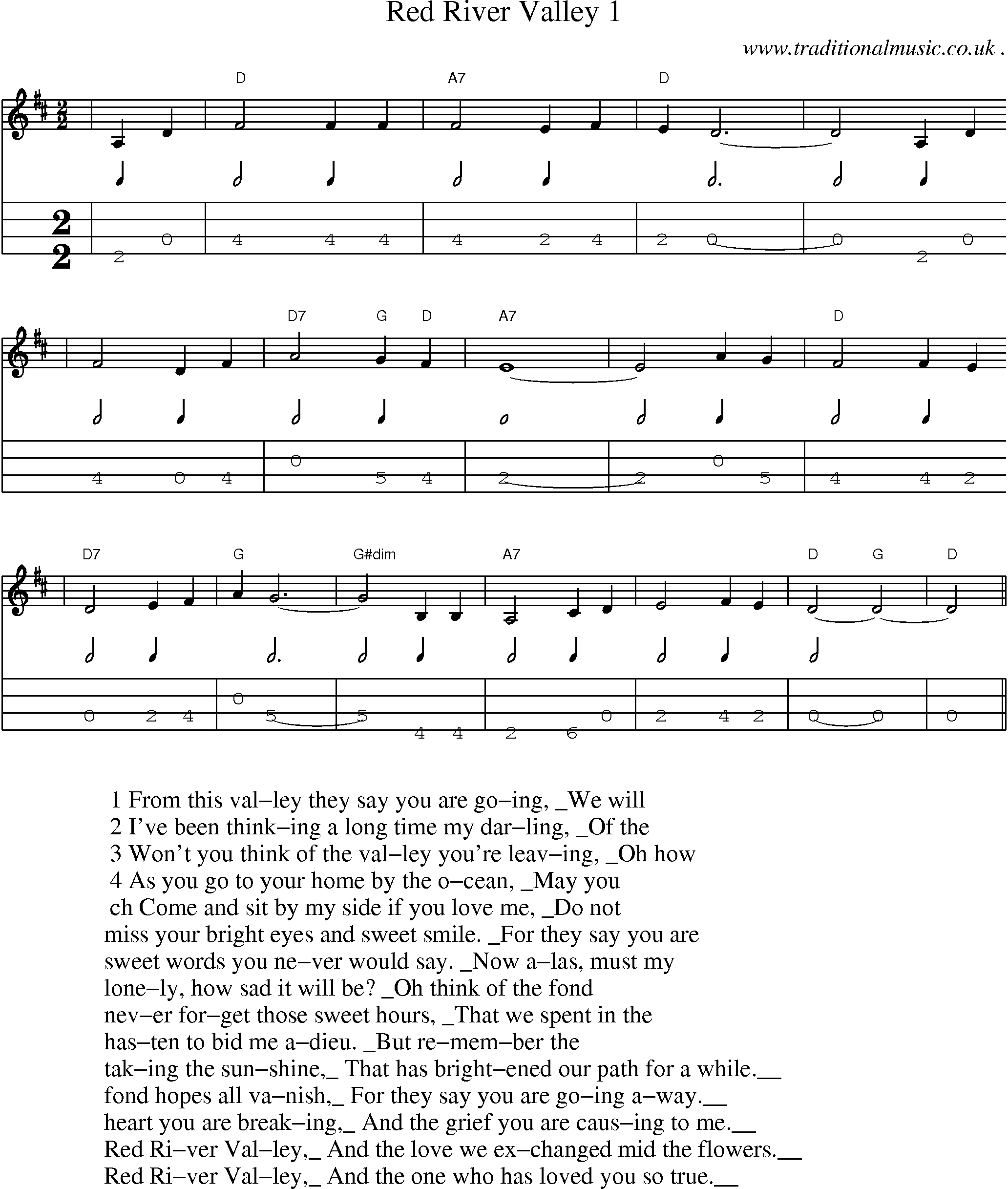 Music Score and Mandolin Tabs for Red River Valley 1