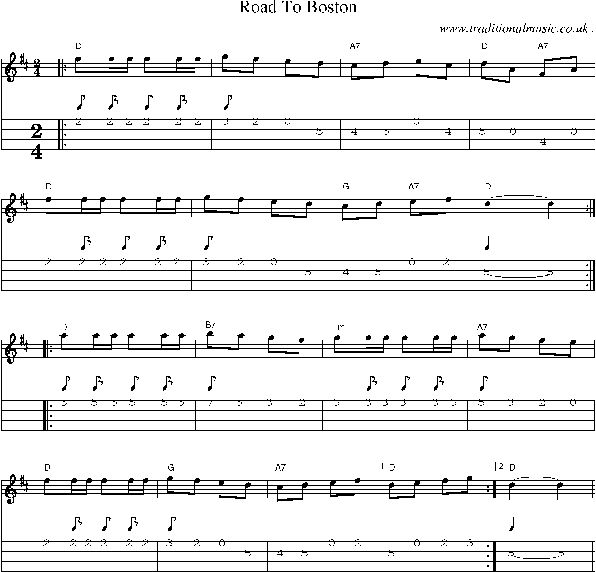 Music Score and Mandolin Tabs for Road To Boston