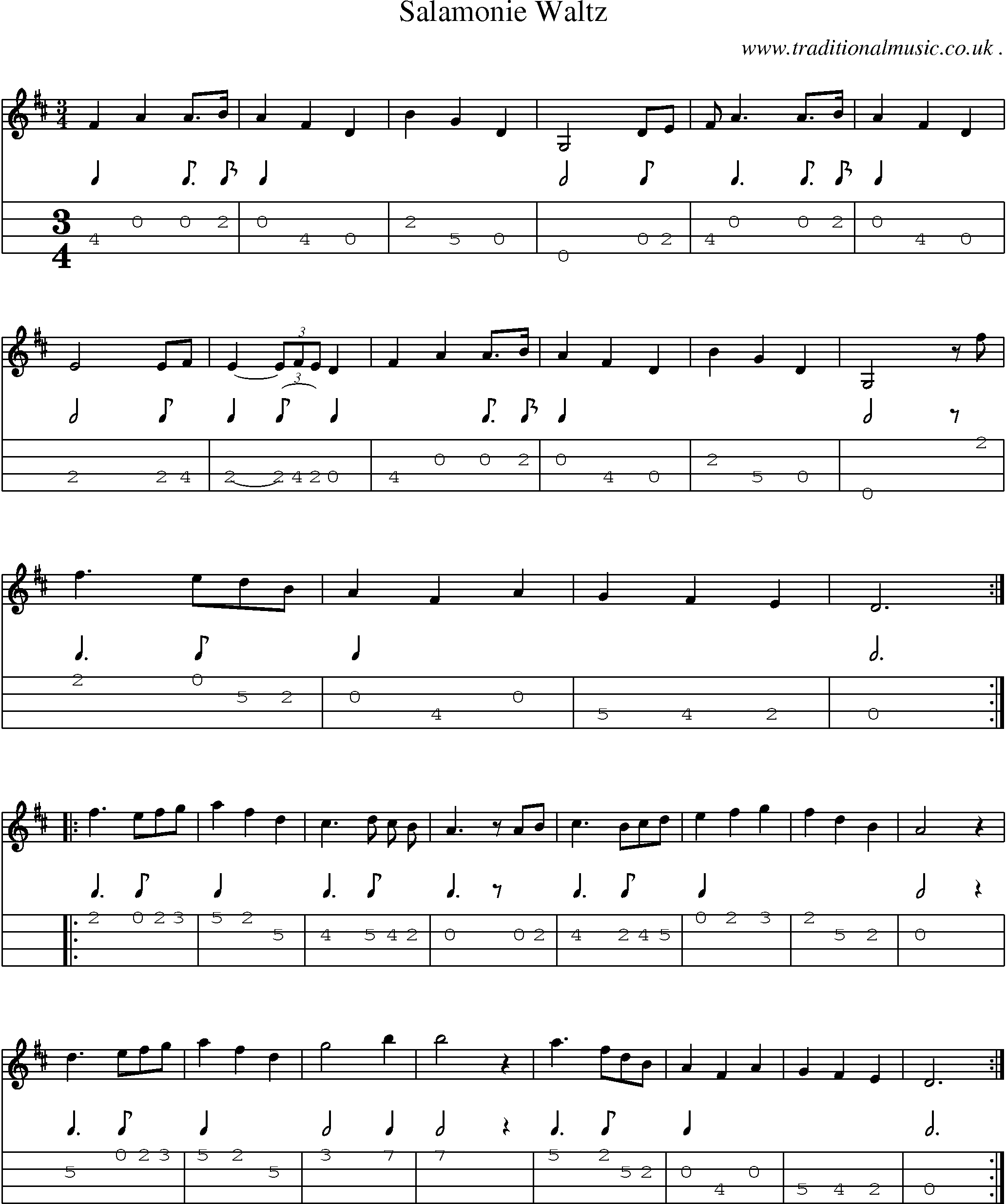 Music Score and Mandolin Tabs for Salamonie Waltz