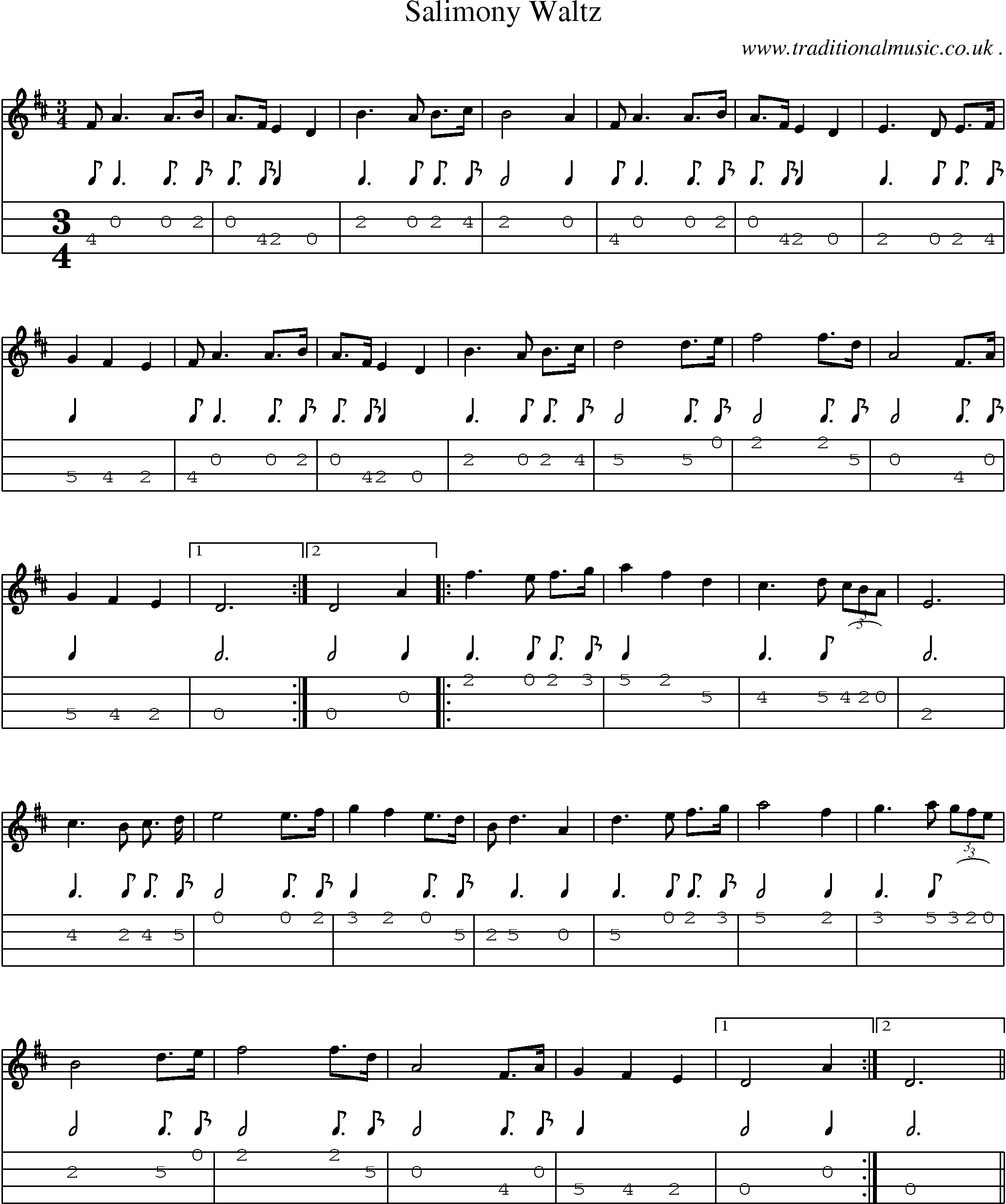 Music Score and Mandolin Tabs for Salimony Waltz