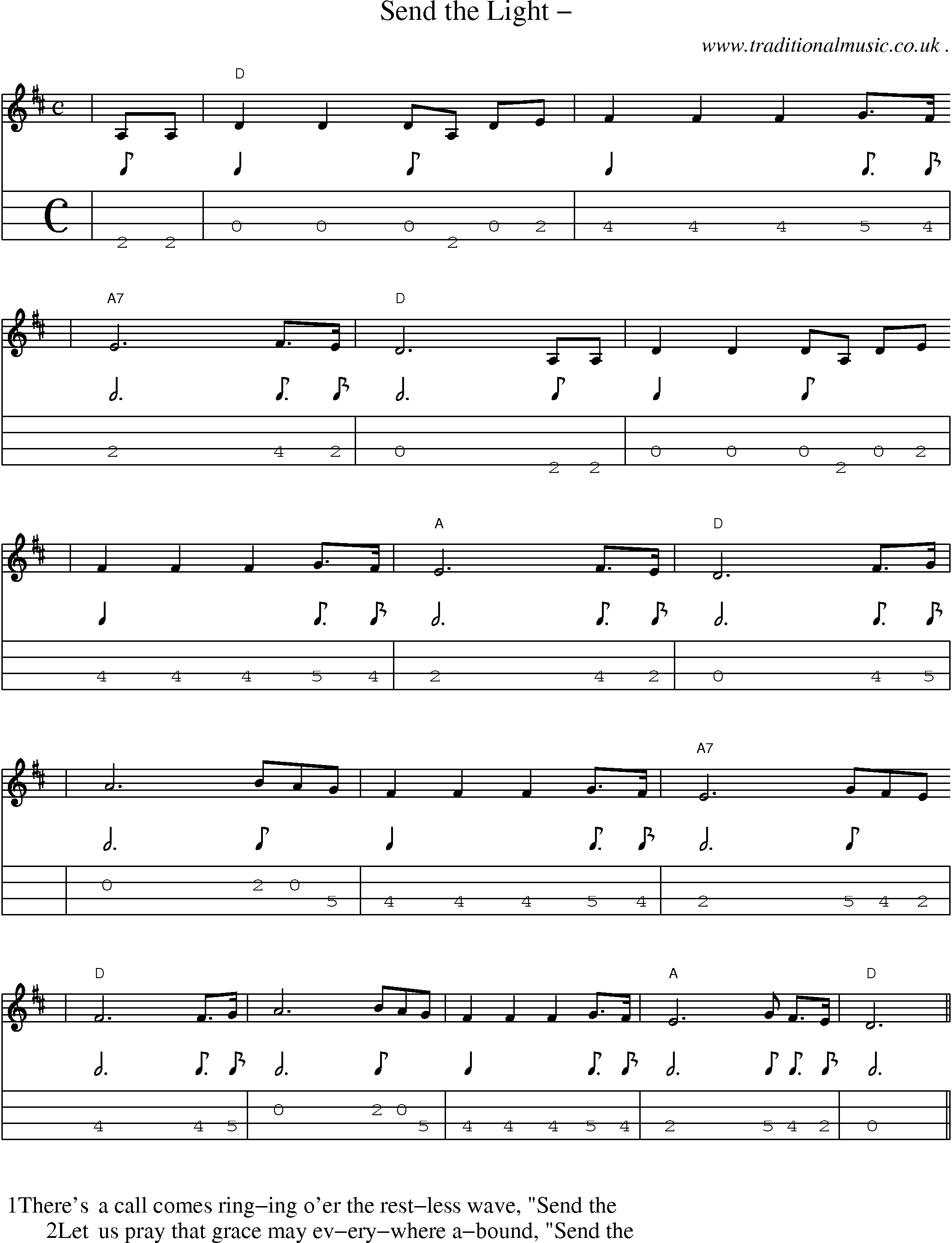 Music Score and Mandolin Tabs for Send The Light 