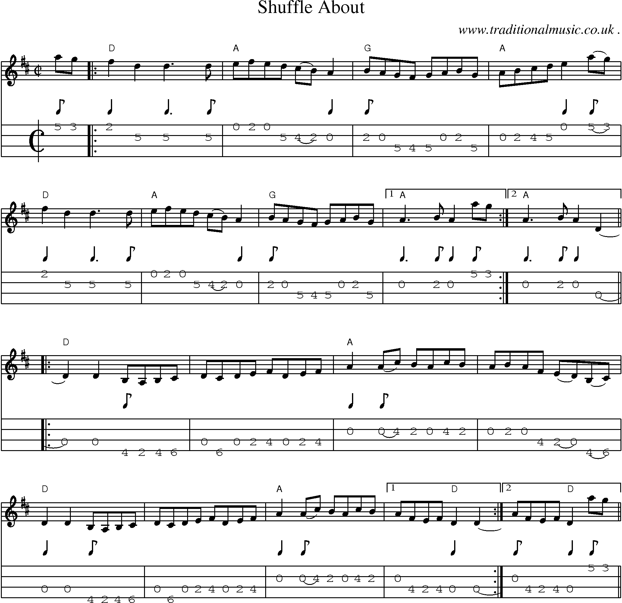 Music Score and Mandolin Tabs for Shuffle About