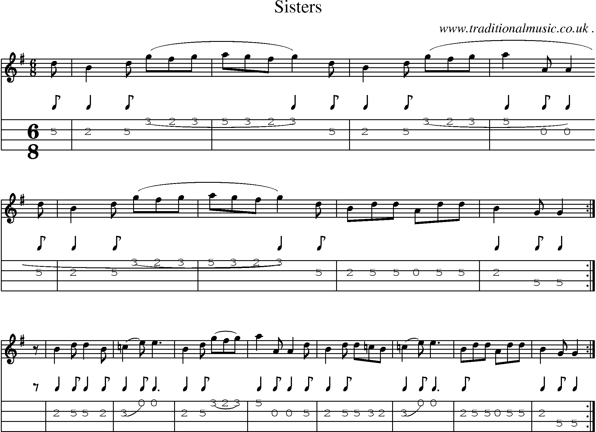Music Score and Mandolin Tabs for Sisters