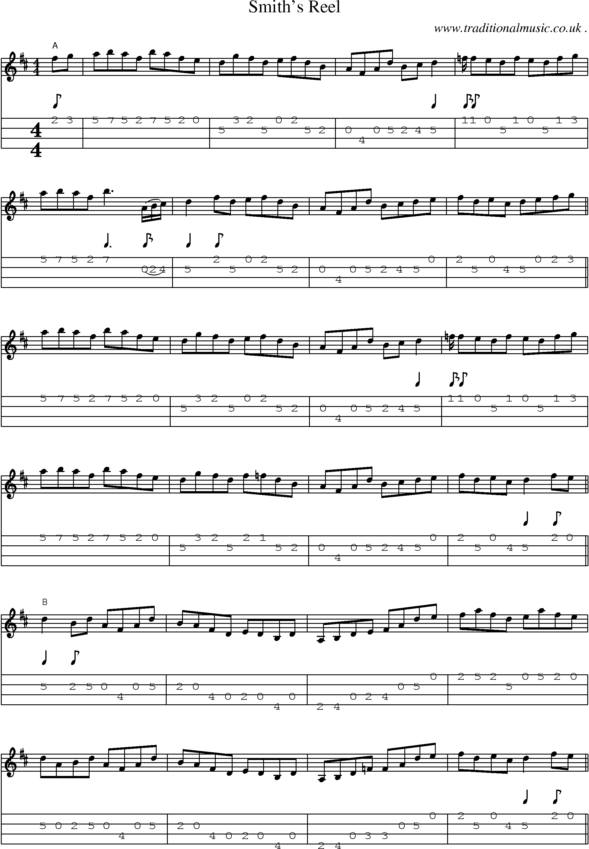 Music Score and Mandolin Tabs for Smiths Reel