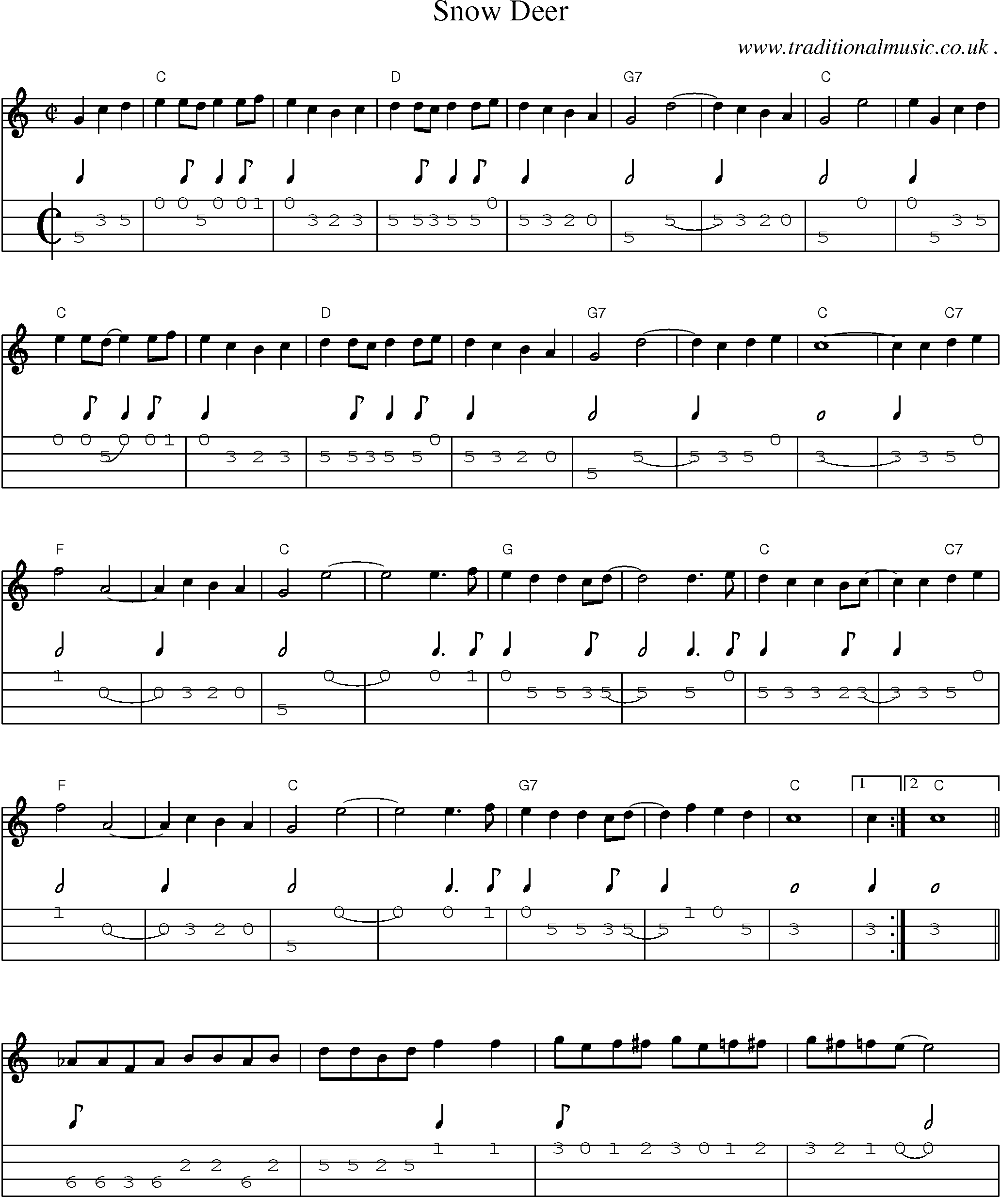Music Score and Mandolin Tabs for Snow Deer