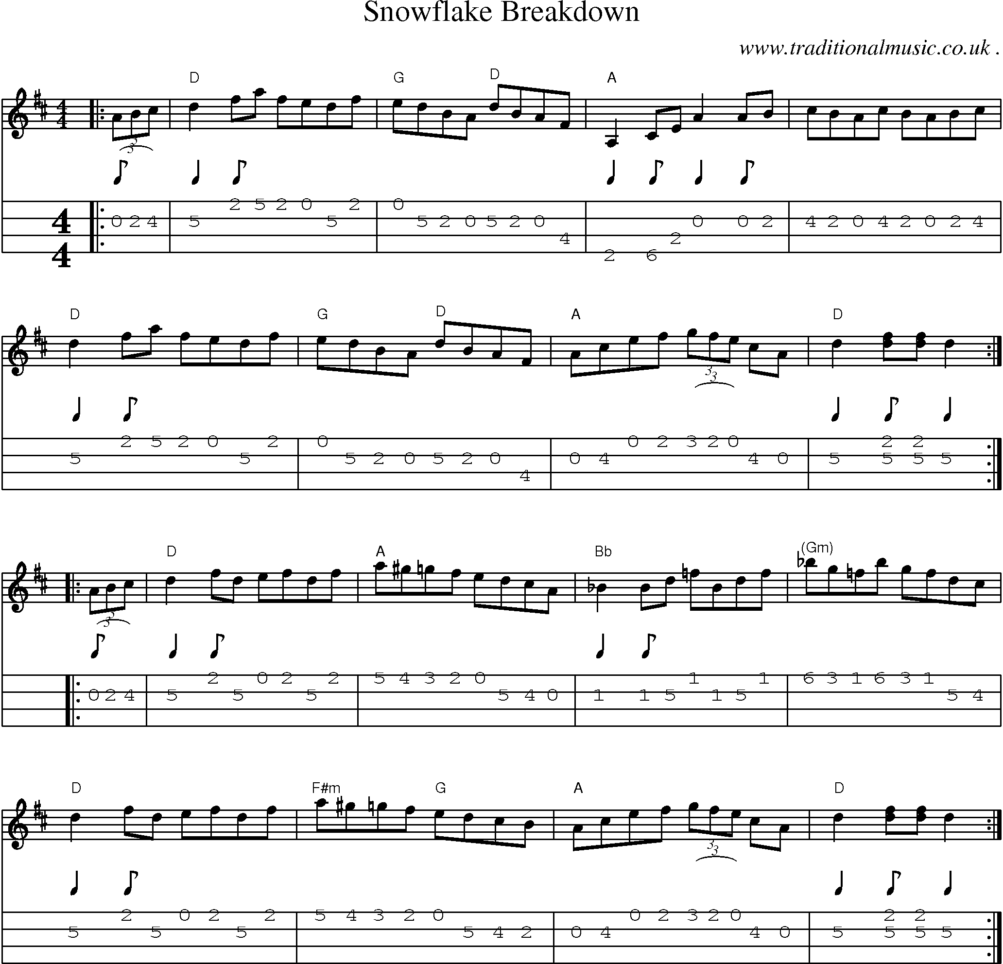 Music Score and Mandolin Tabs for Snowflake Breakdown
