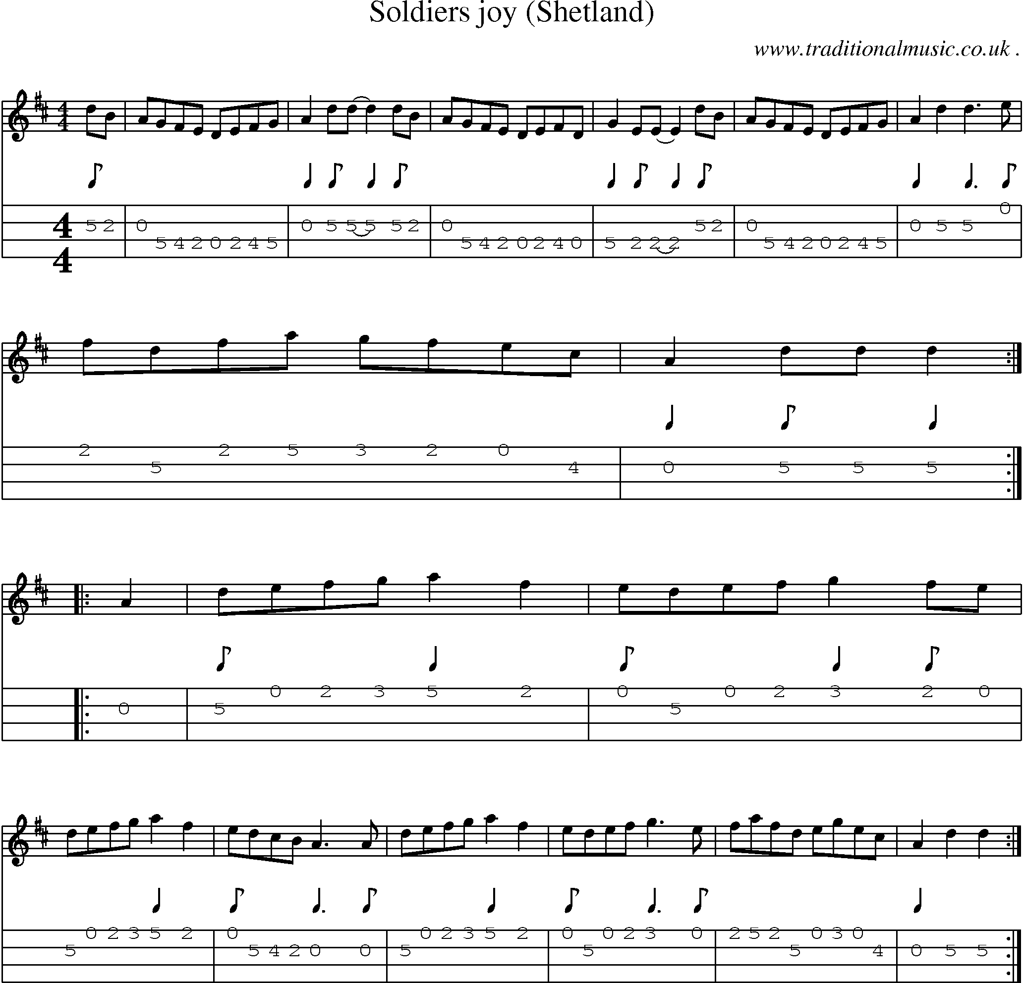 Music Score and Mandolin Tabs for Soldiers Joy (shetland)