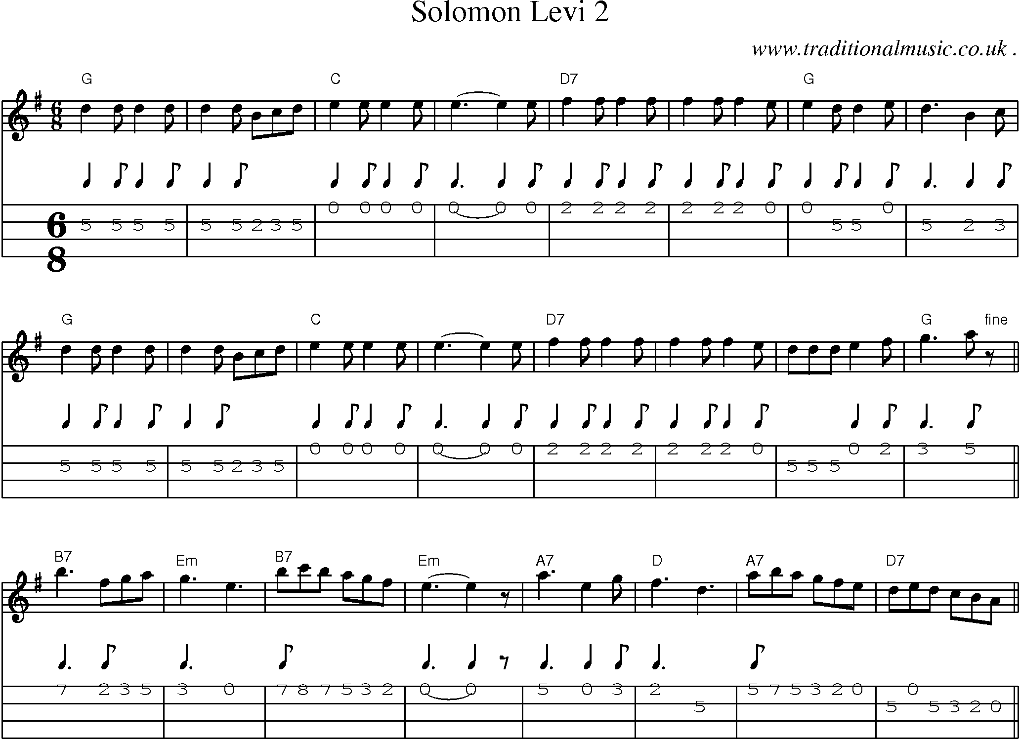 Music Score and Mandolin Tabs for Solomon Levi 2