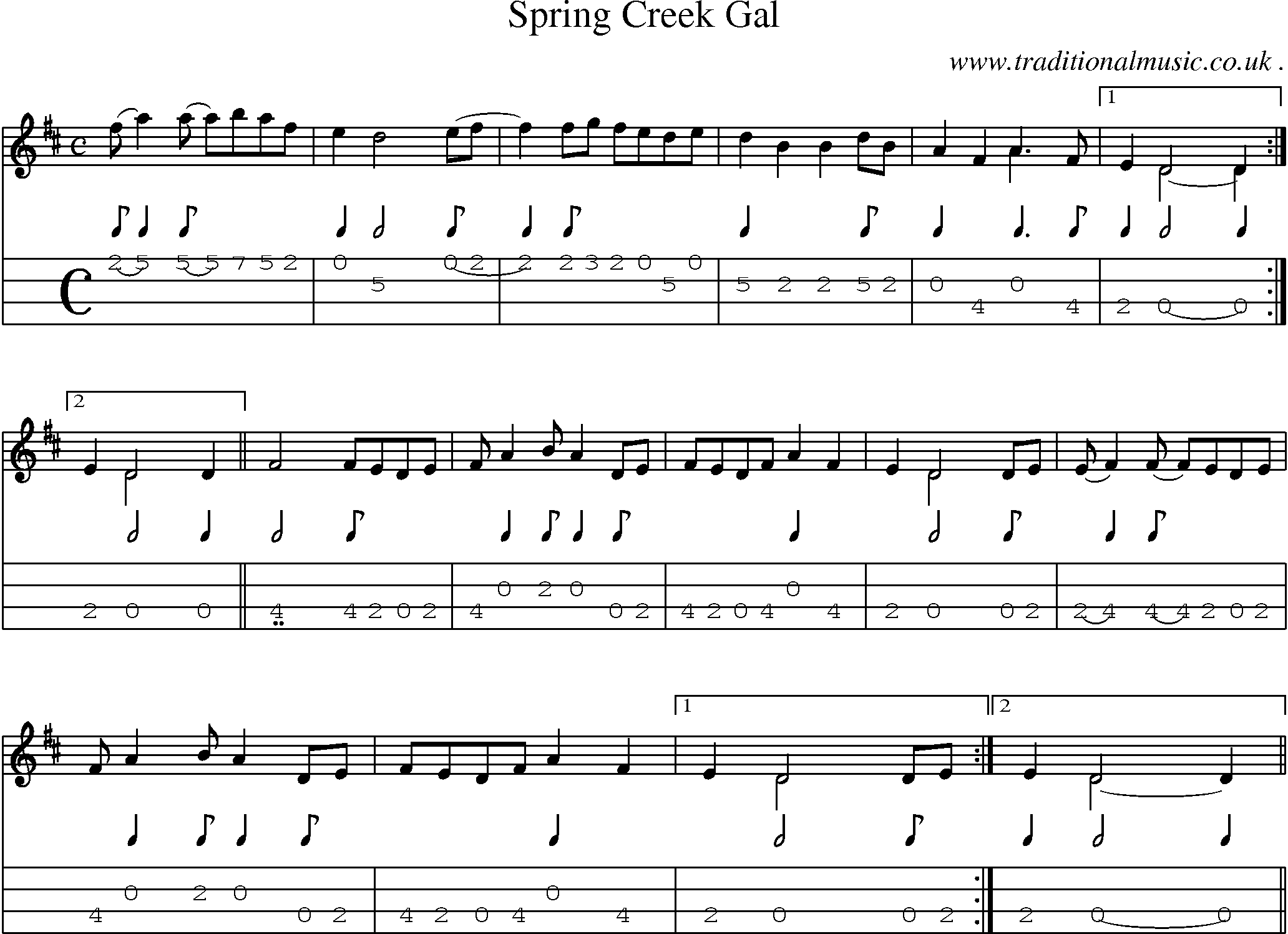 Music Score and Mandolin Tabs for Spring Creek Gal