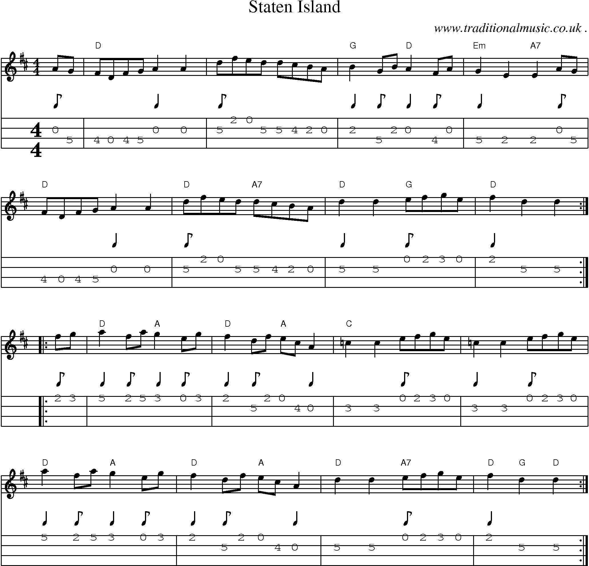 Music Score and Mandolin Tabs for Staten Island