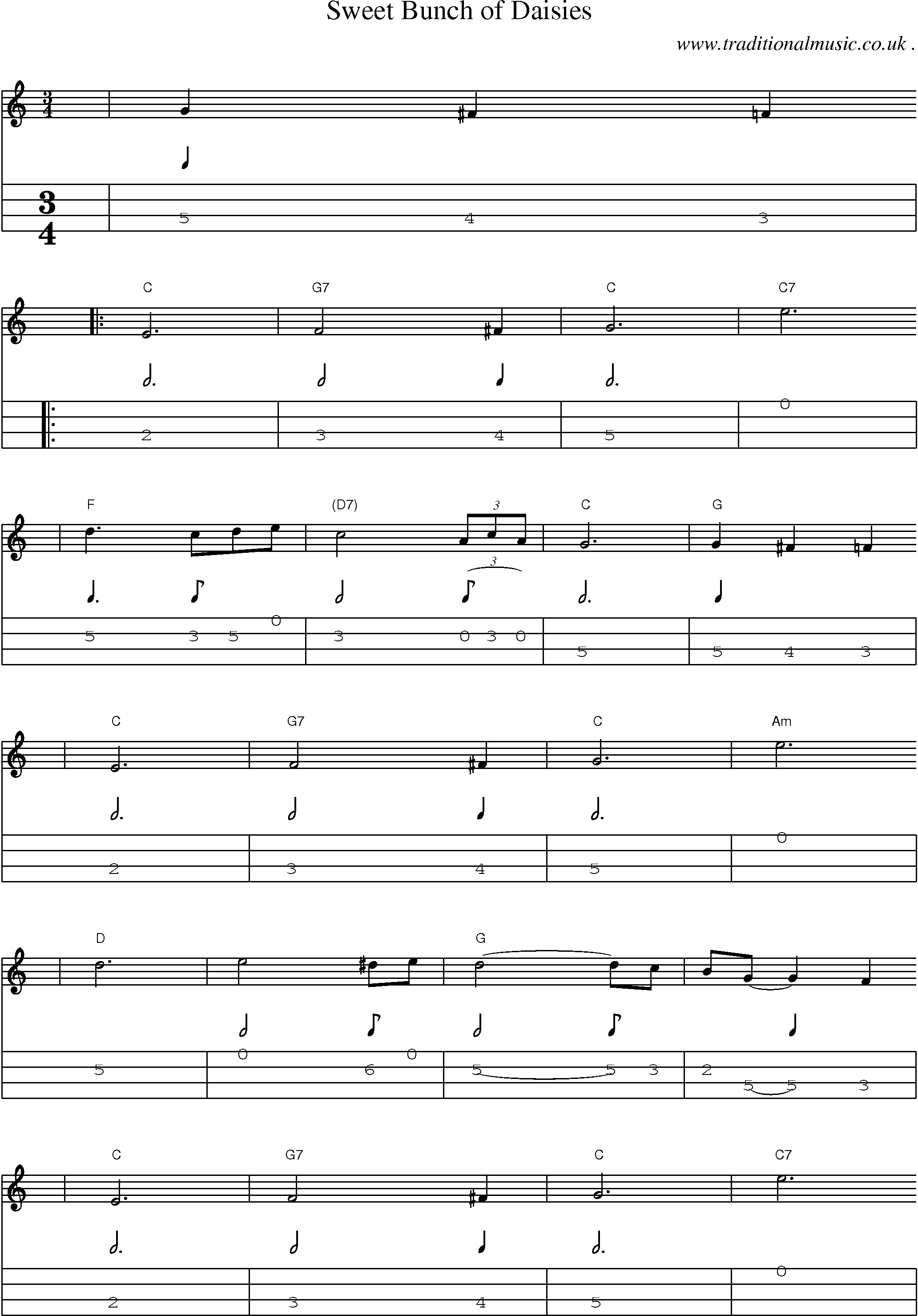 Music Score and Mandolin Tabs for Sweet Bunch Of Daisies