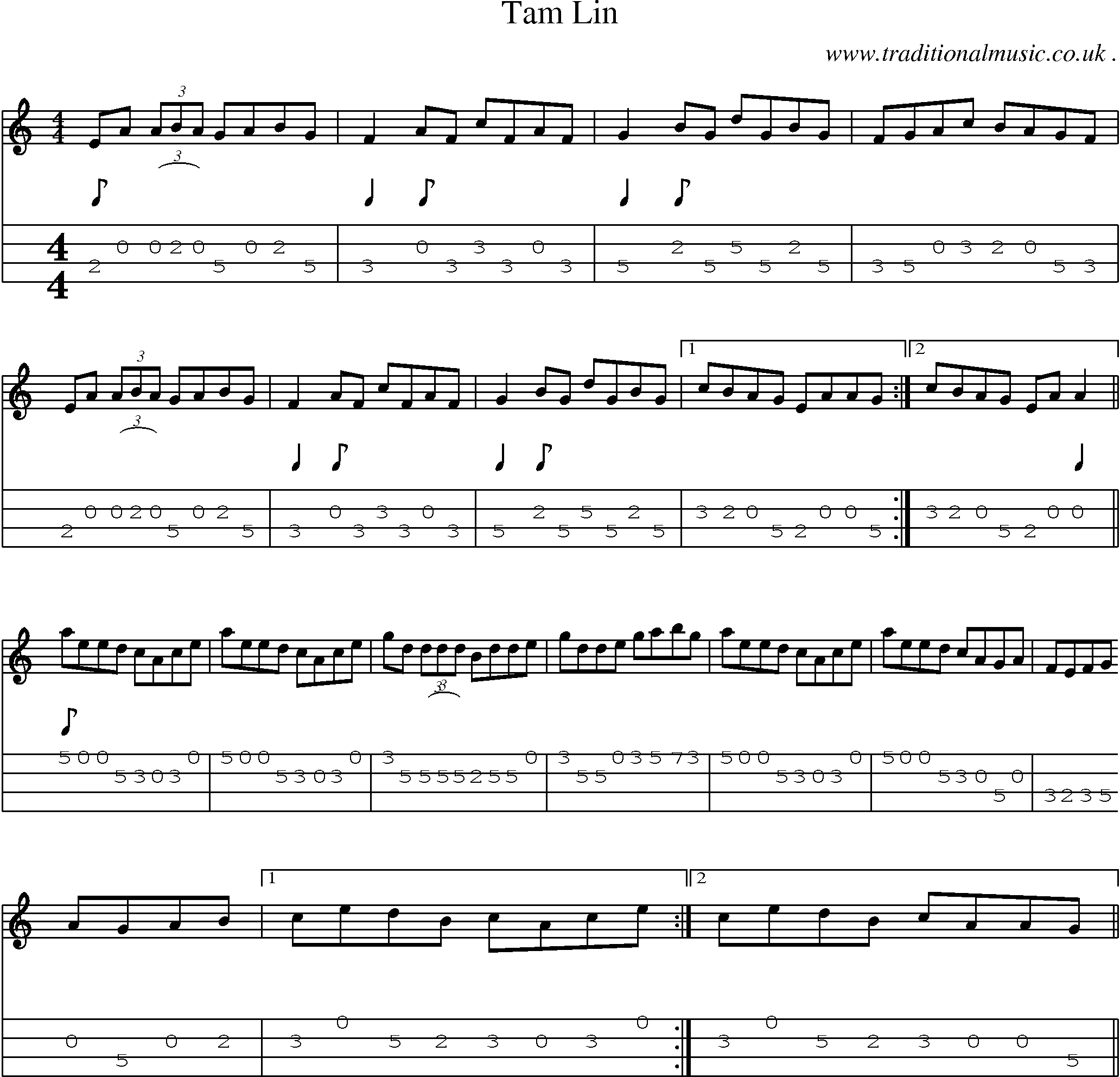 Music Score and Mandolin Tabs for Tam Lin