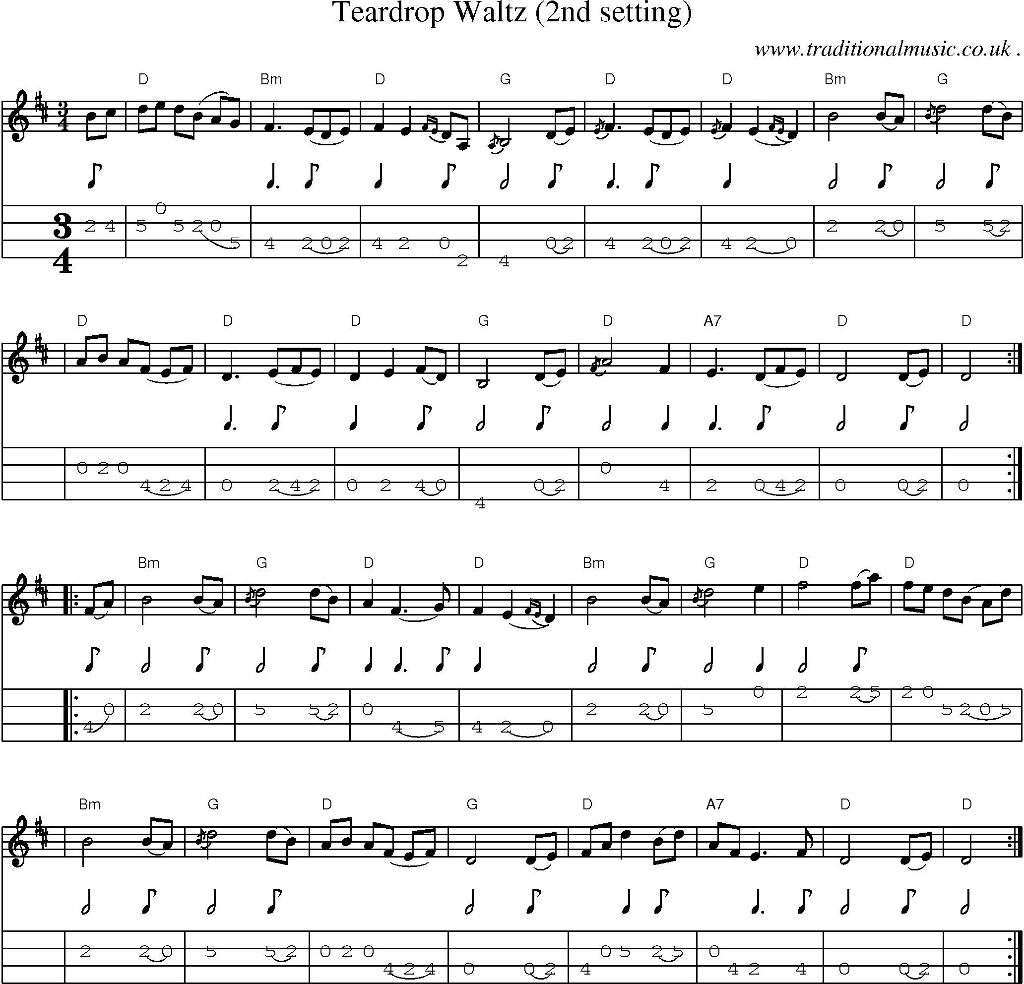 Music Score and Mandolin Tabs for Teardrop Waltz (2nd Setting)