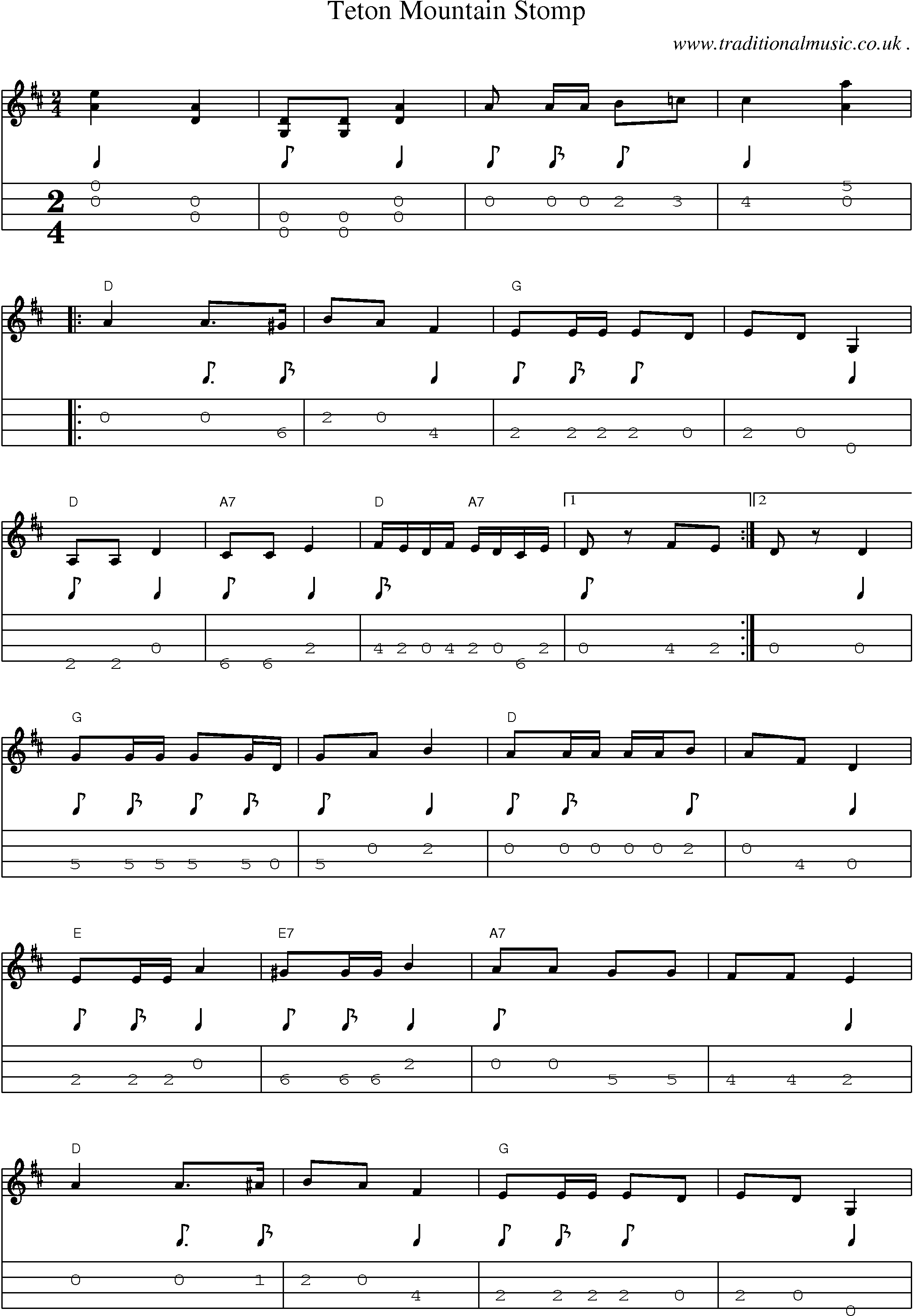 Music Score and Mandolin Tabs for Teton Mountain Stomp