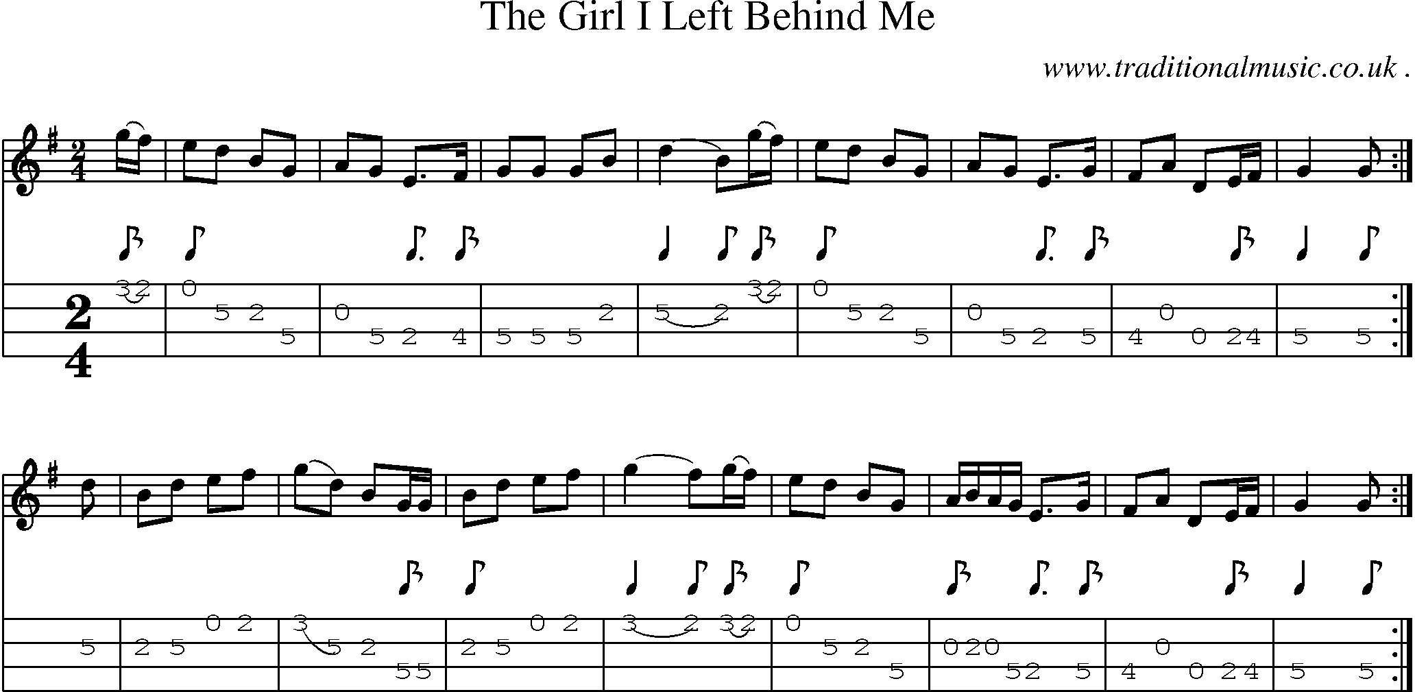 Music Score and Mandolin Tabs for The Girl I Left Behind Me