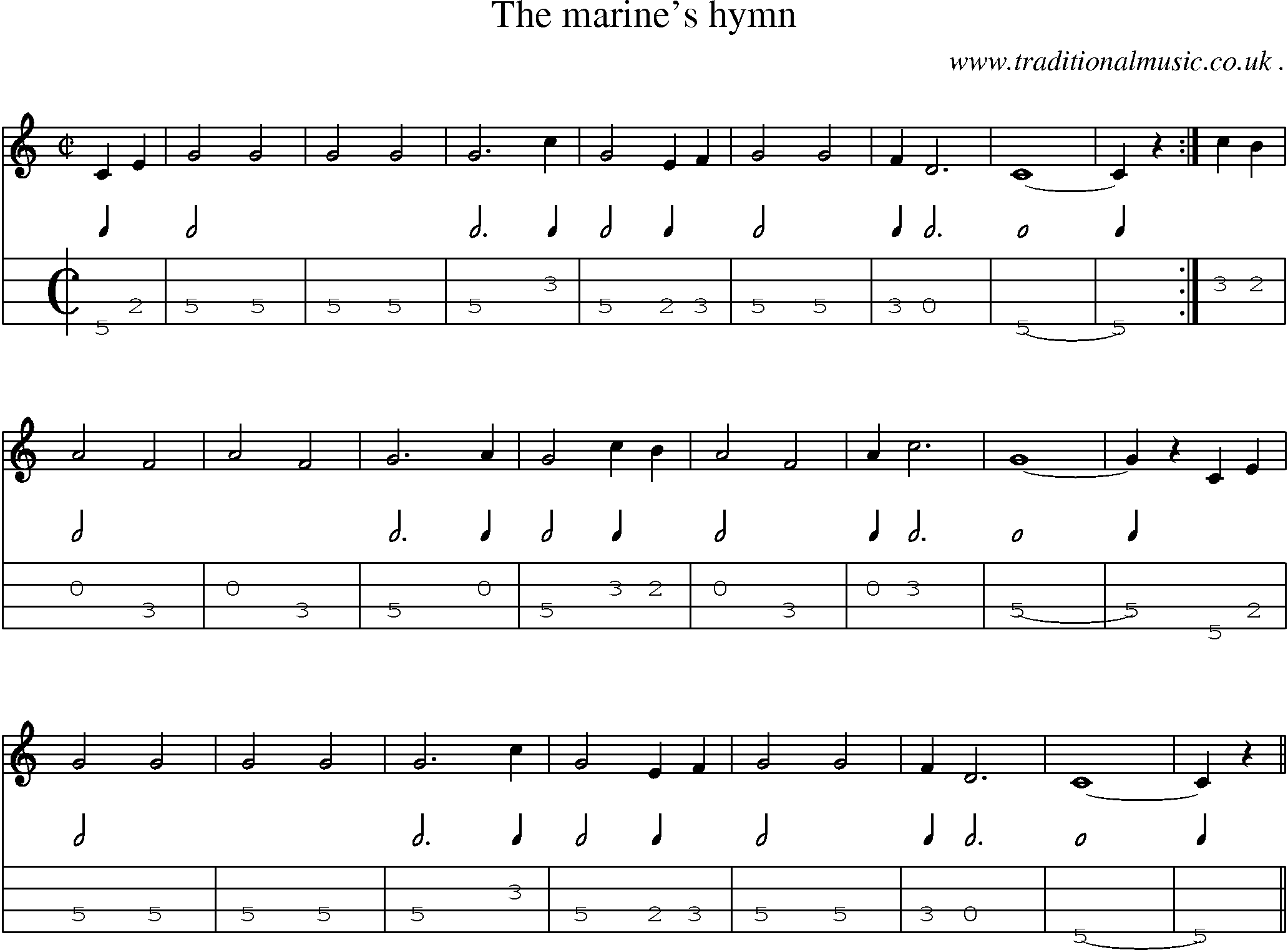 Music Score and Mandolin Tabs for The Marines Hymn