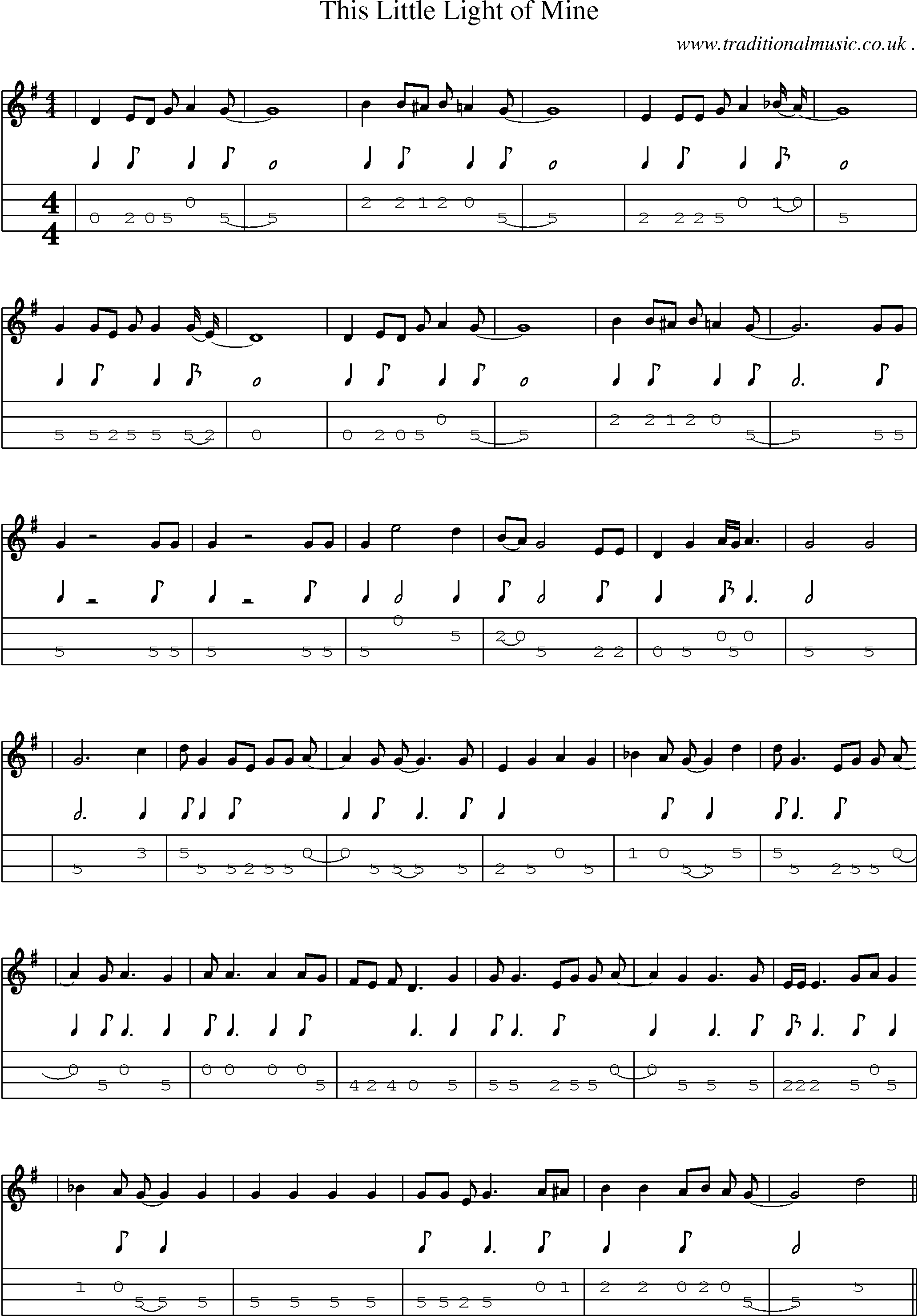 Music Score and Mandolin Tabs for This Little Light Of Mine