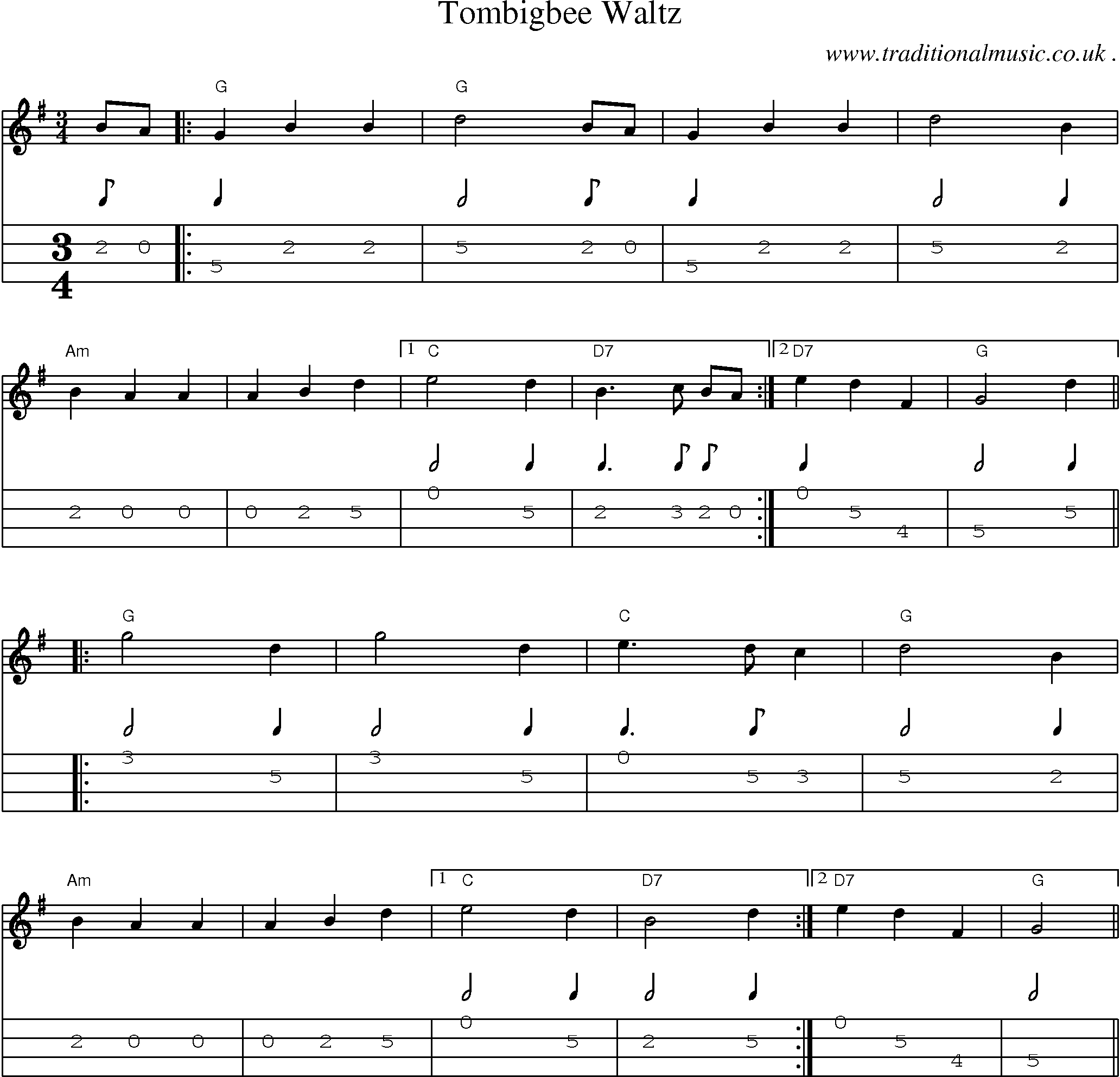 Music Score and Mandolin Tabs for Tombigbee Waltz