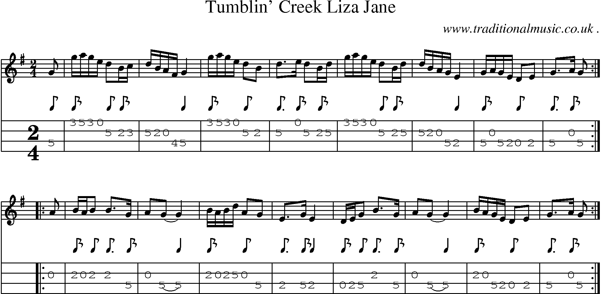 Music Score and Mandolin Tabs for Tumblin Creek Liza Jane