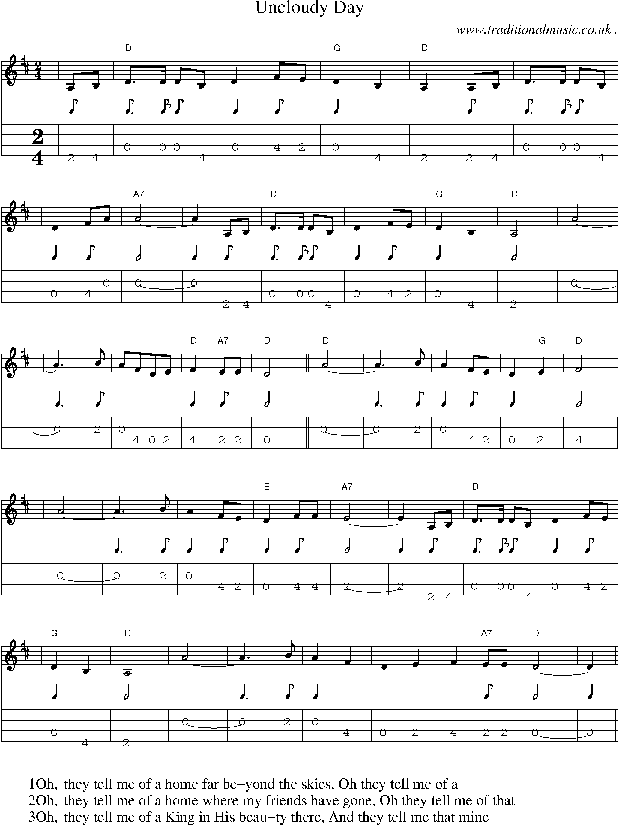 Music Score and Mandolin Tabs for Uncloudy Day