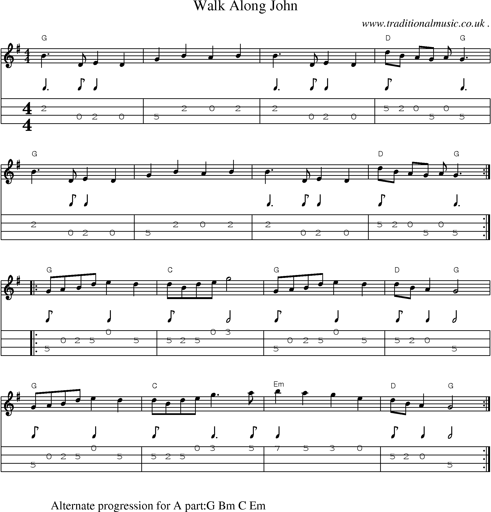 Music Score and Mandolin Tabs for Walk Along John