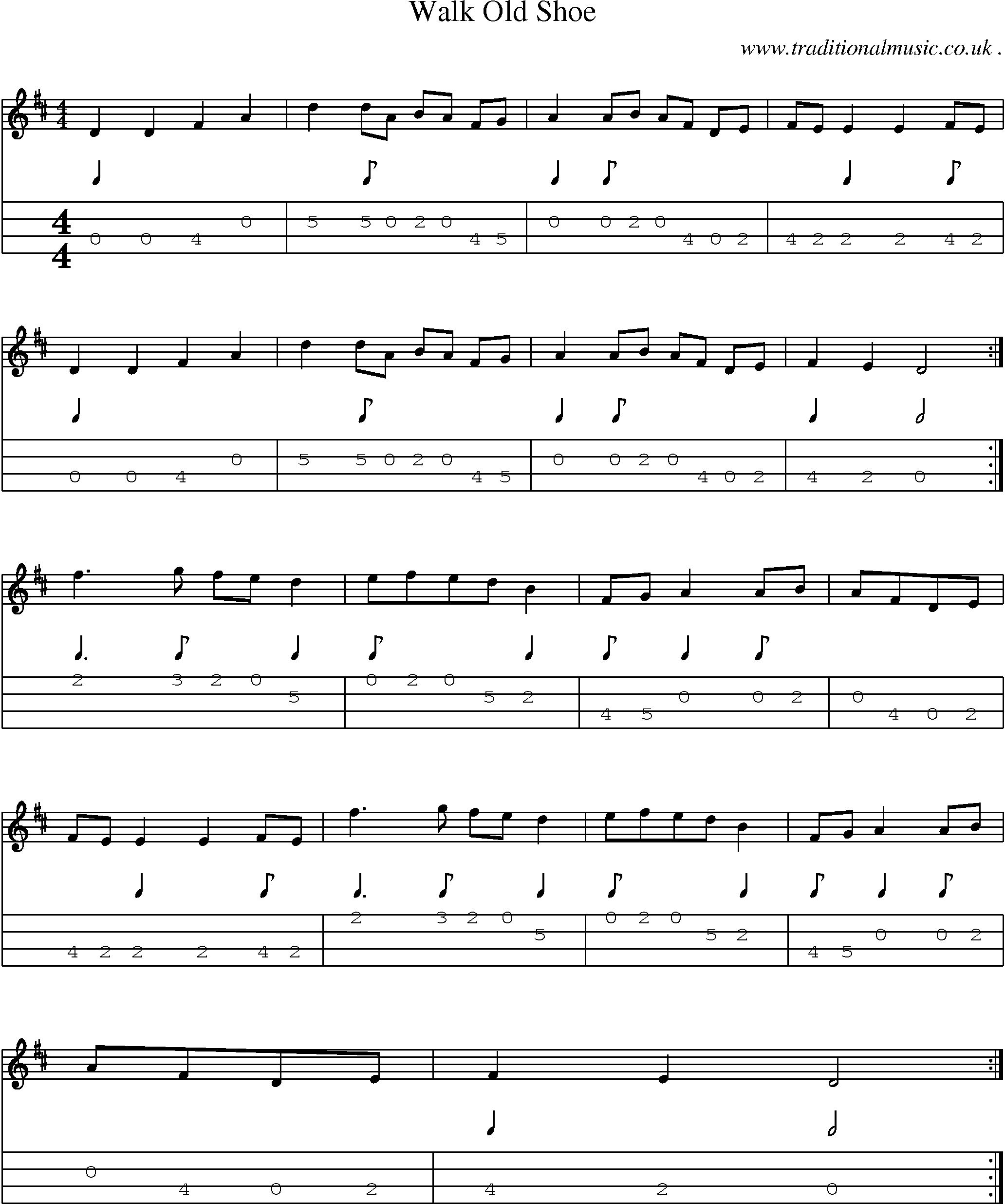 Music Score and Mandolin Tabs for Walk Old Shoe